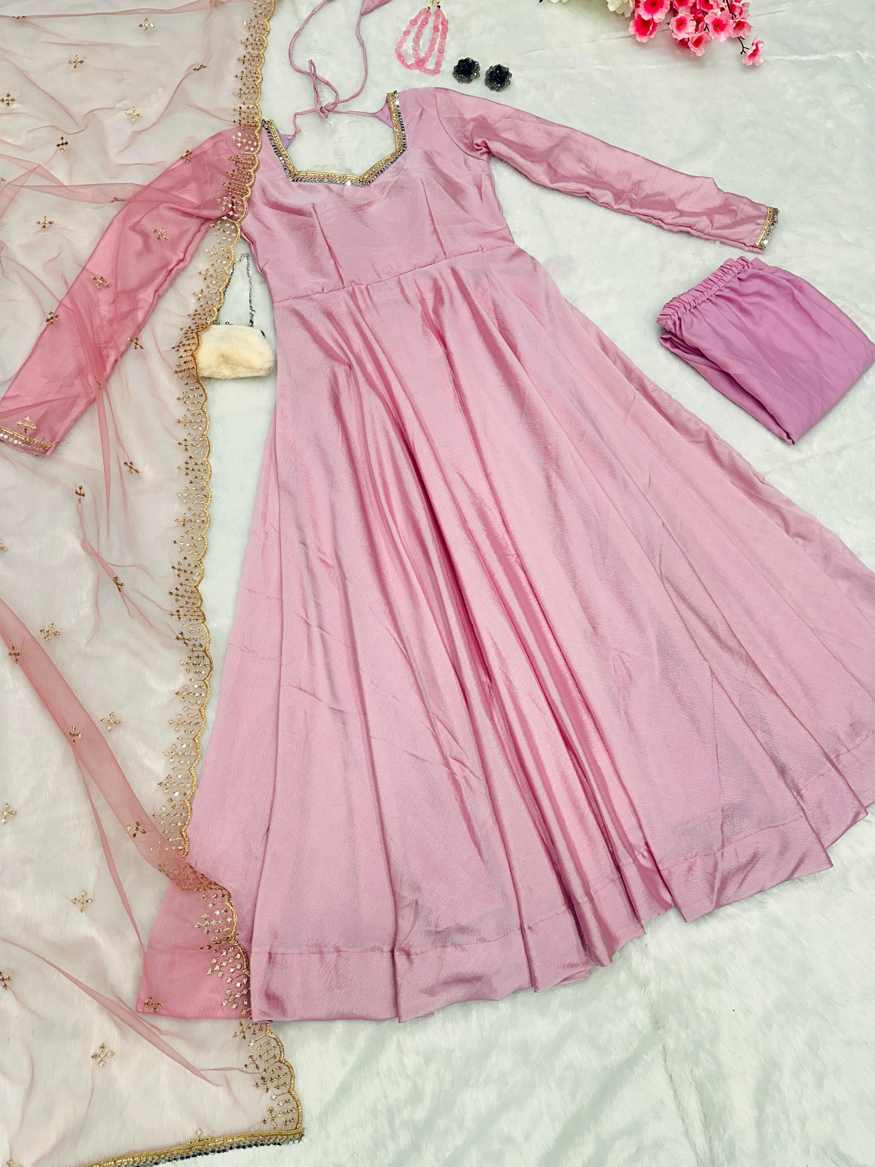 Designer Light Pink Anarkali Gown With Net Dupatta