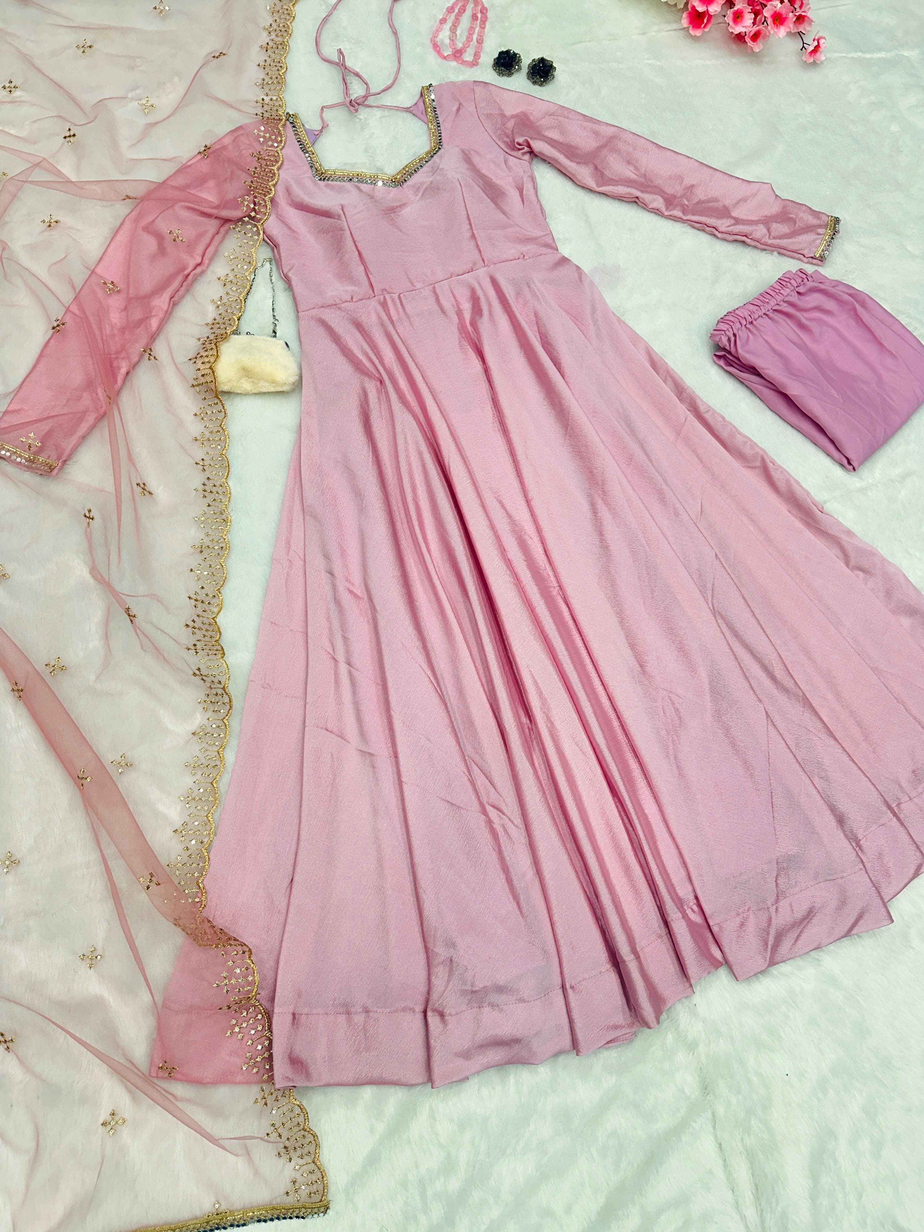 Designer Light Pink Anarkali Gown With Net Dupatta