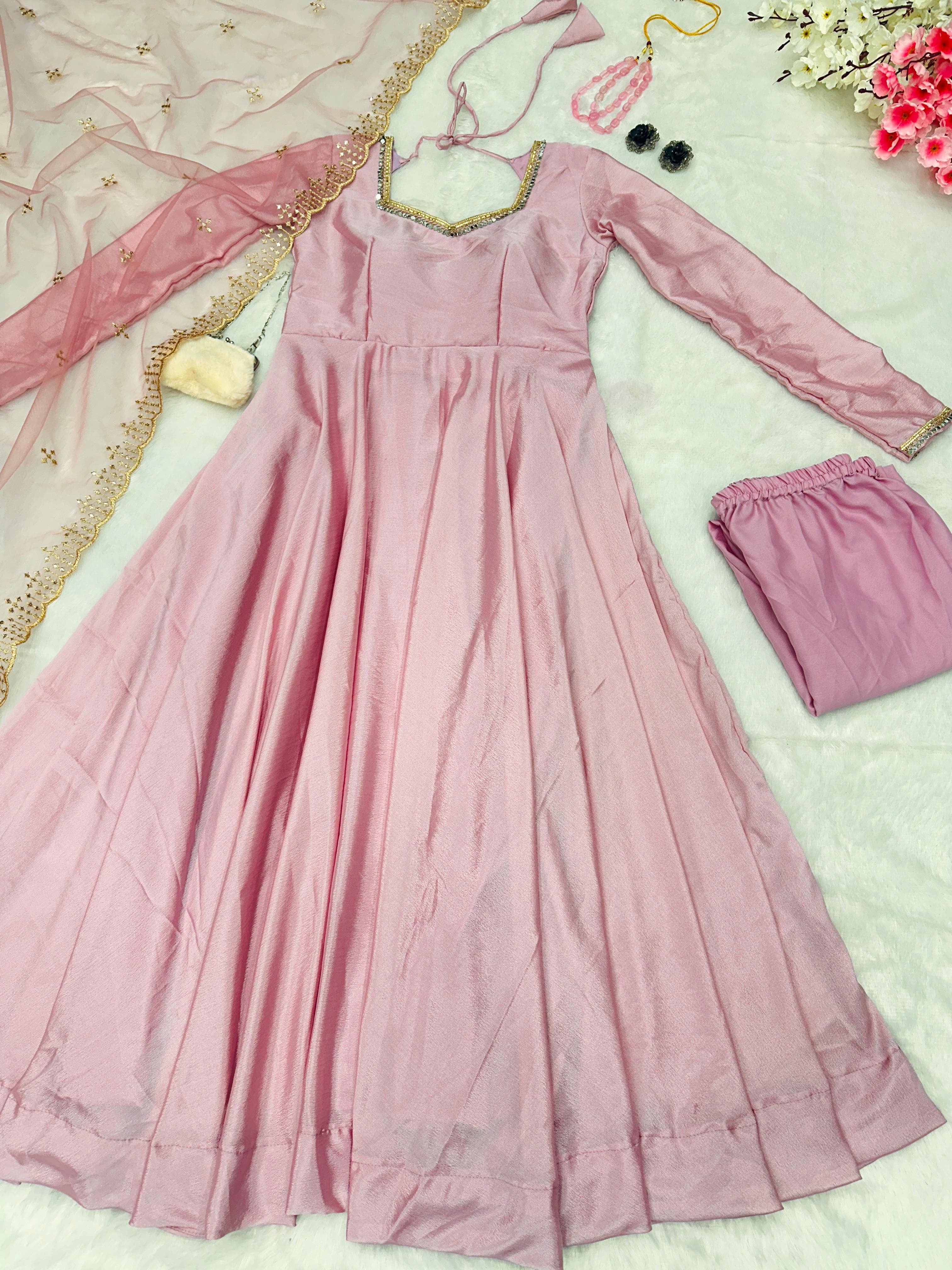 Designer Light Pink Anarkali Gown With Net Dupatta