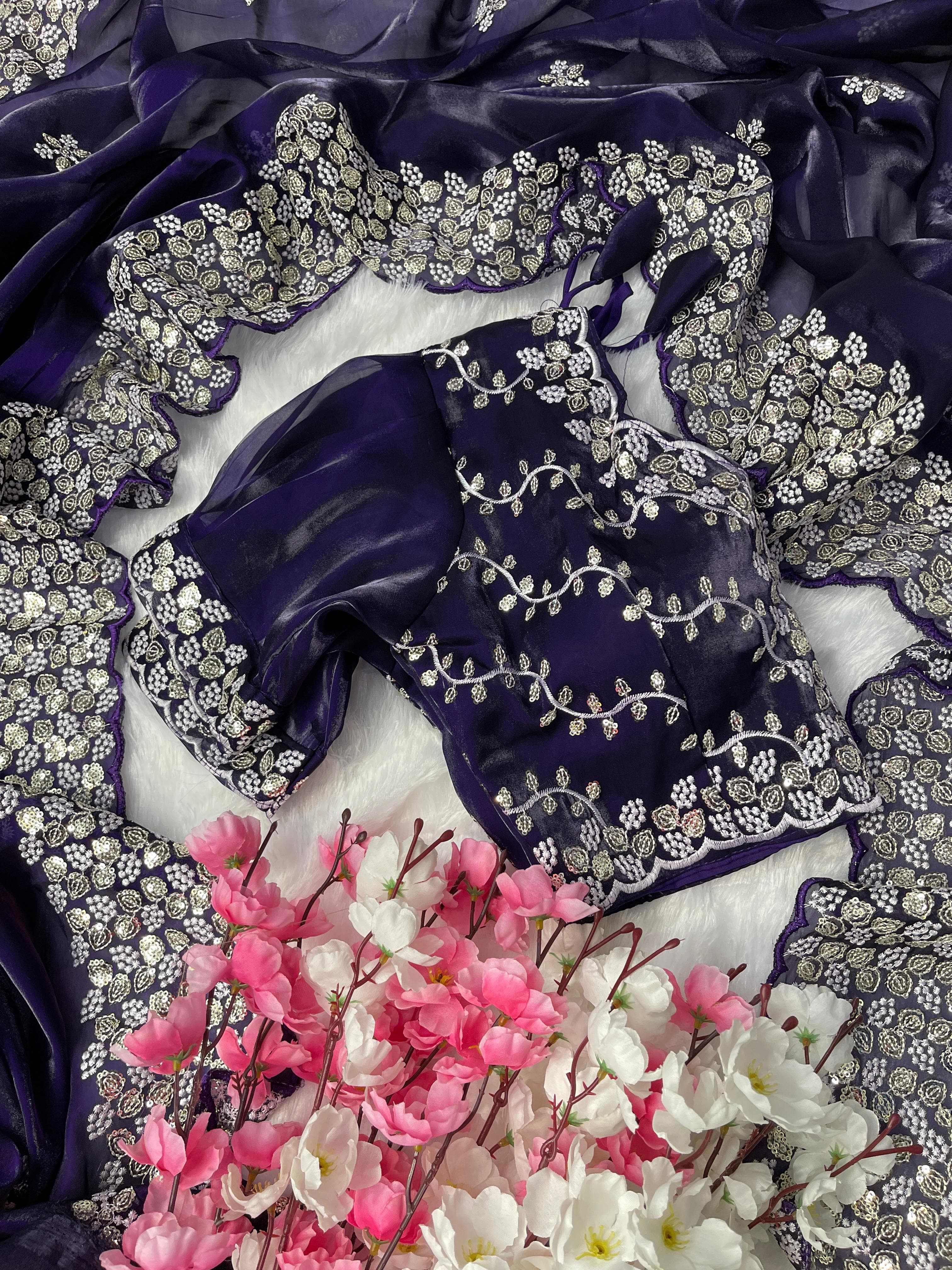 Terrific Purple Color Embroidery Sequence Work Saree With Blouse