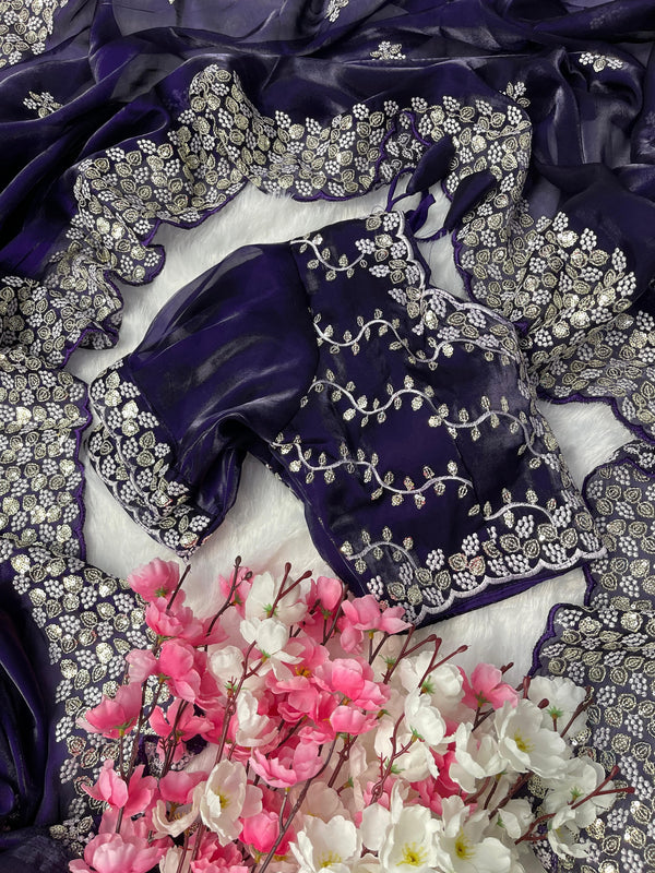 Terrific Purple Color Embroidery Sequence Work Saree With Blouse