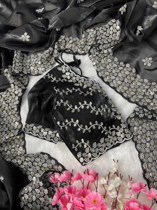 Terrific Black Color Embroidery Sequence Work Saree With Blouse