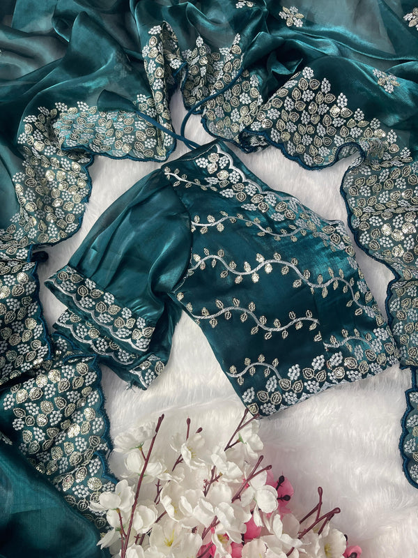 Terrific Teal Blue Color Embroidery Sequence Work Saree With Blouse