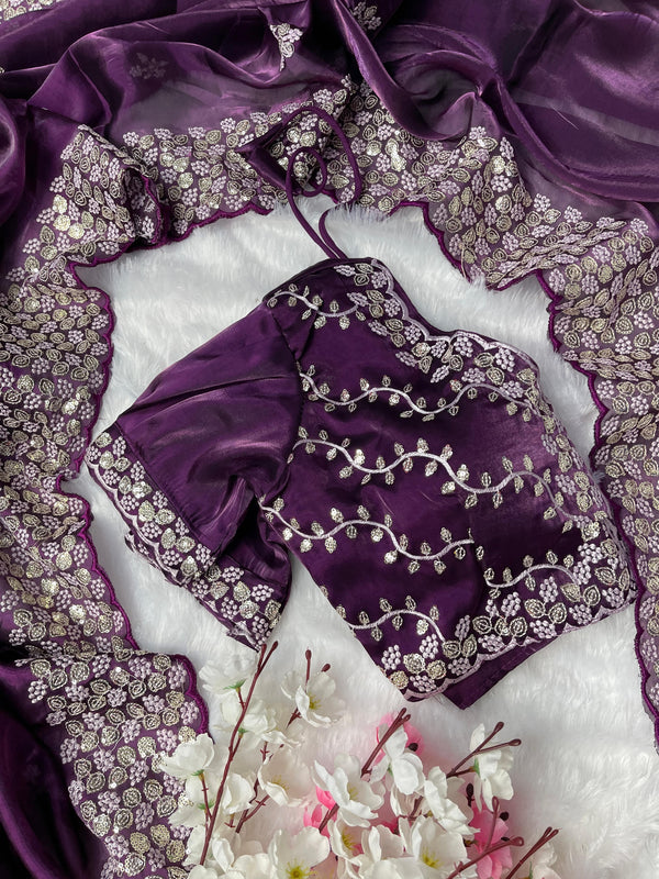 Terrific Wine Color Embroidery Sequence Work Saree With Blouse