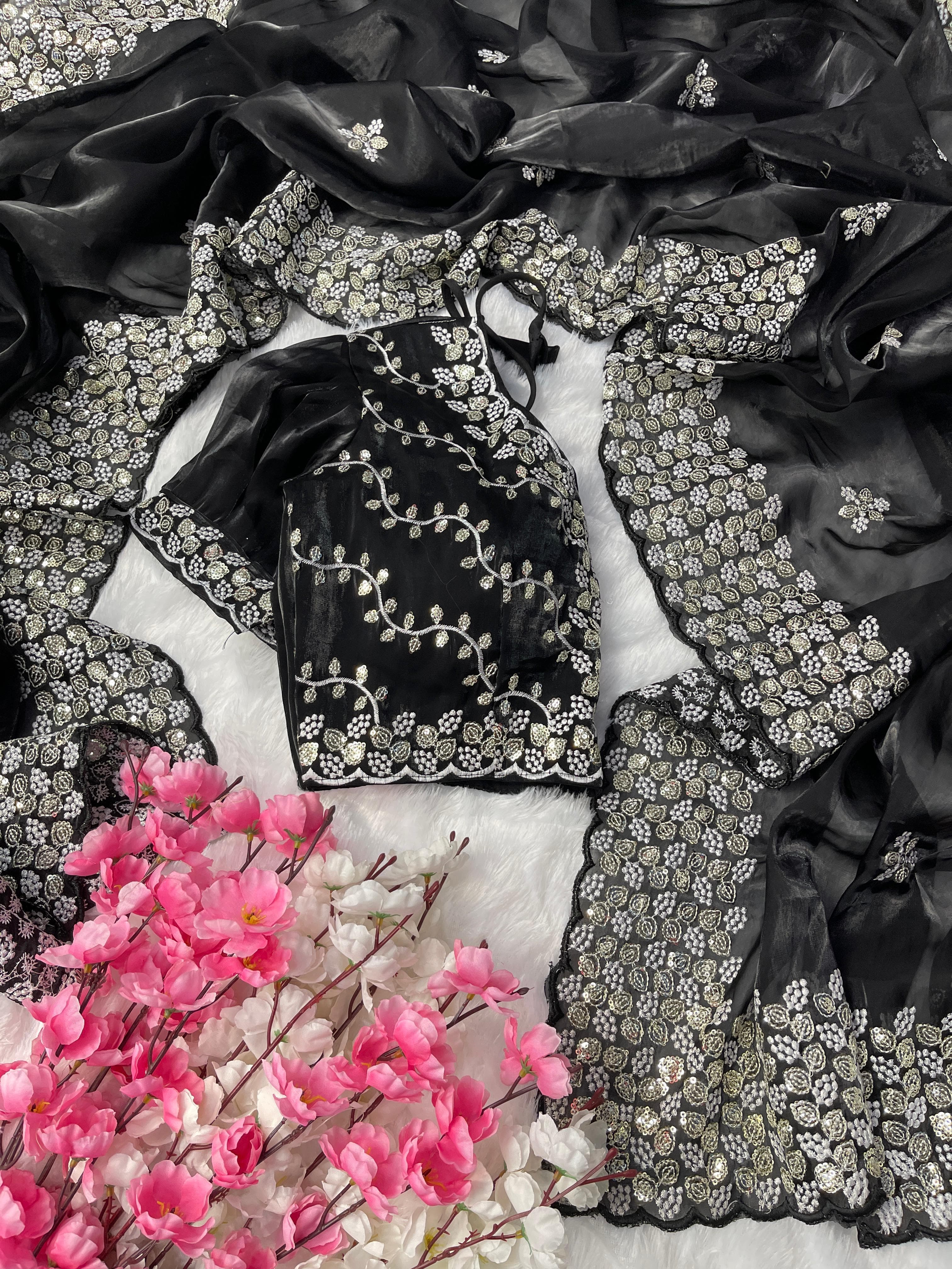 Terrific Black Color Embroidery Sequence Work Saree With Blouse
