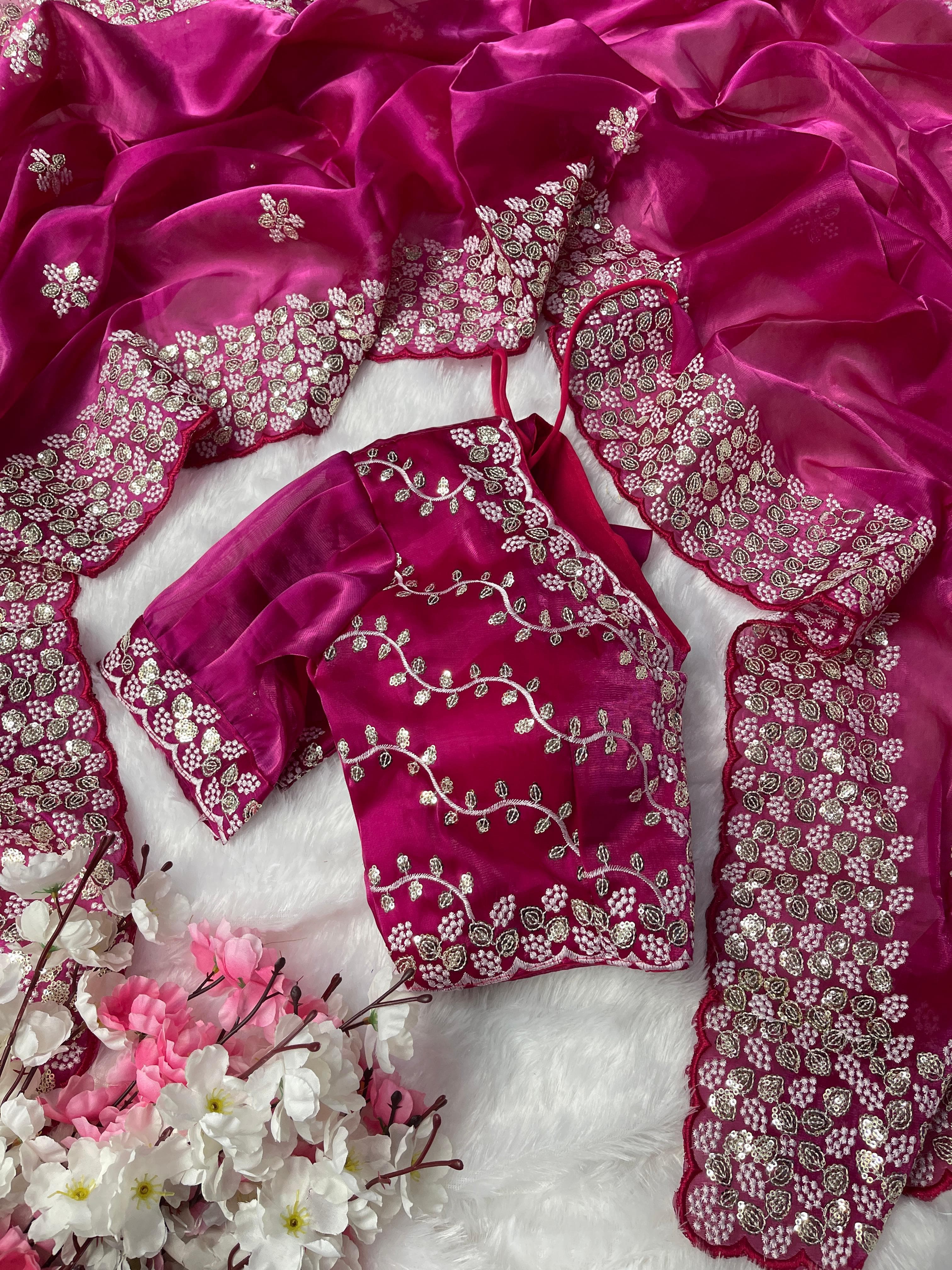 Terrific Pink Color Embroidery Sequence Work Saree With Blouse
