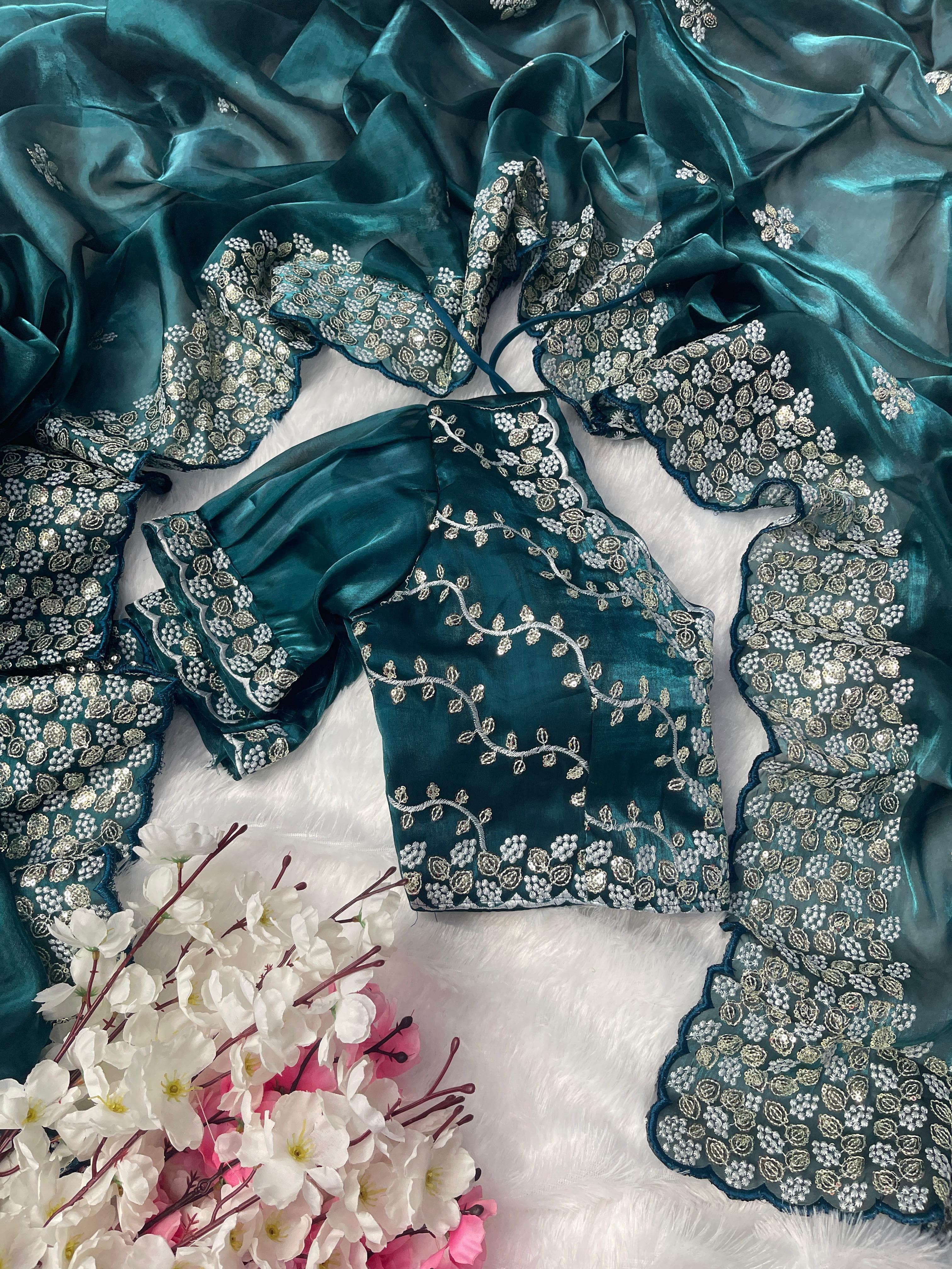 Terrific Teal Blue Color Embroidery Sequence Work Saree With Blouse
