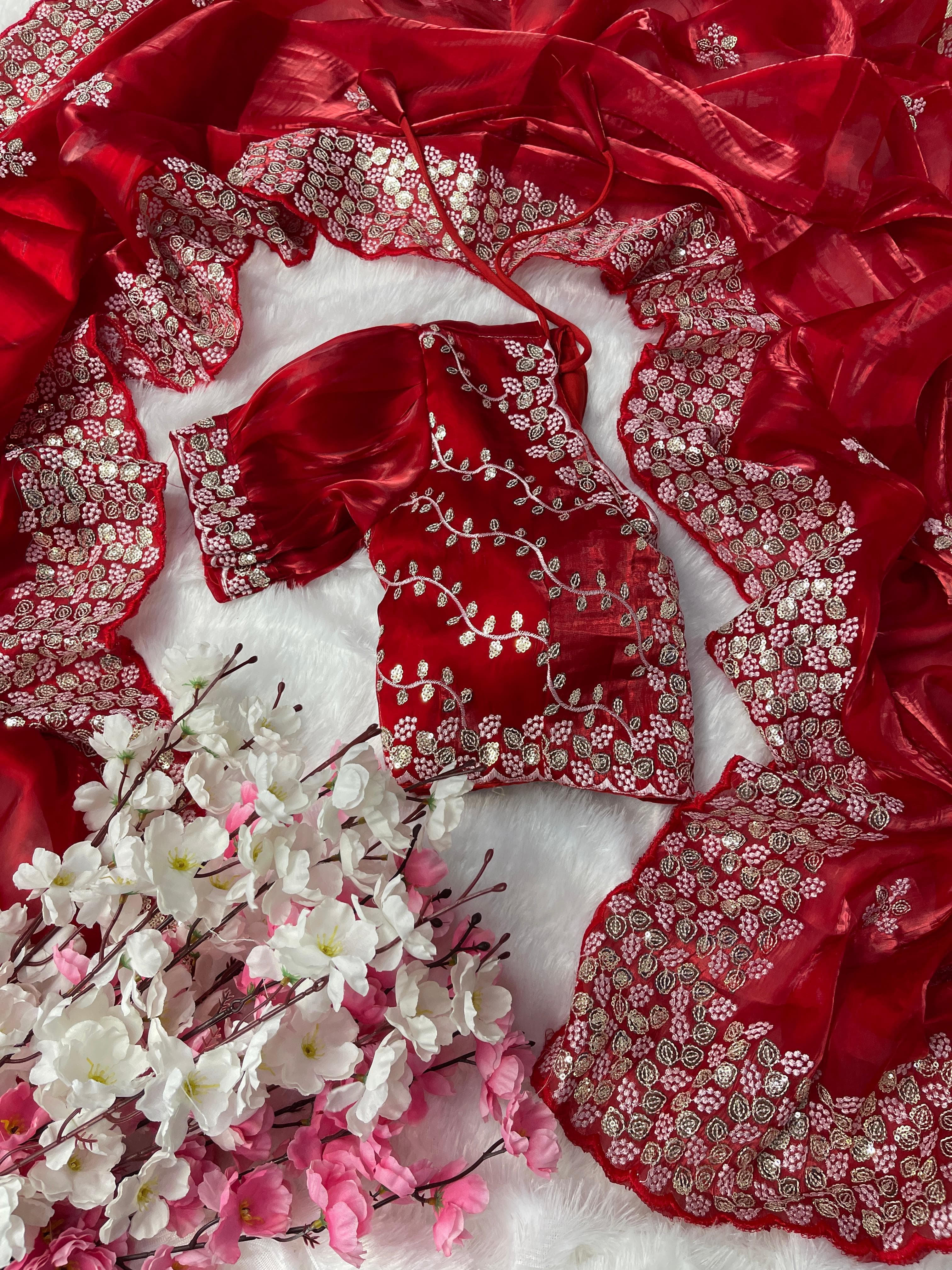 Terrific Red Color Embroidery Sequence Work Saree With Blouse