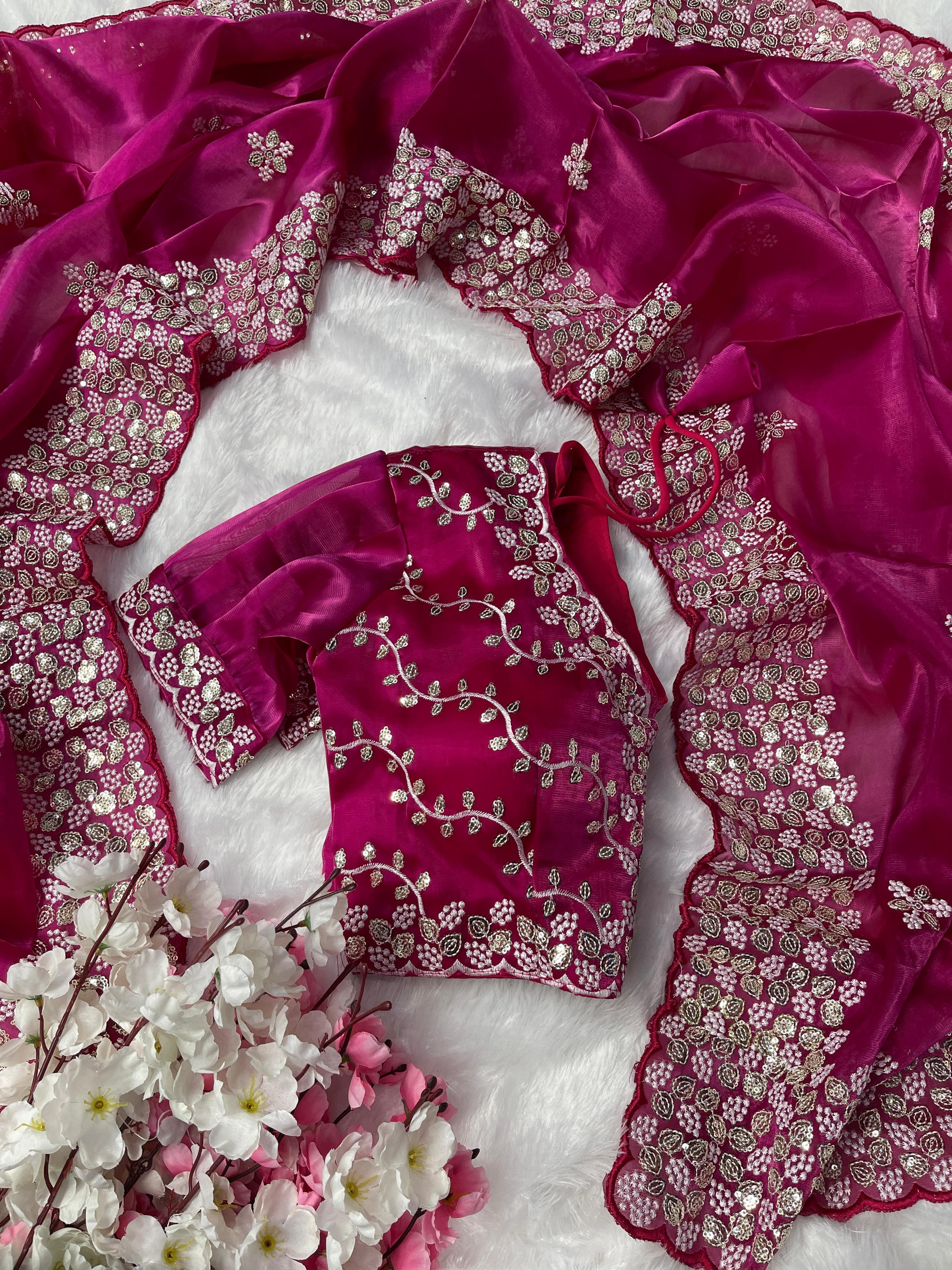 Terrific Pink Color Embroidery Sequence Work Saree With Blouse