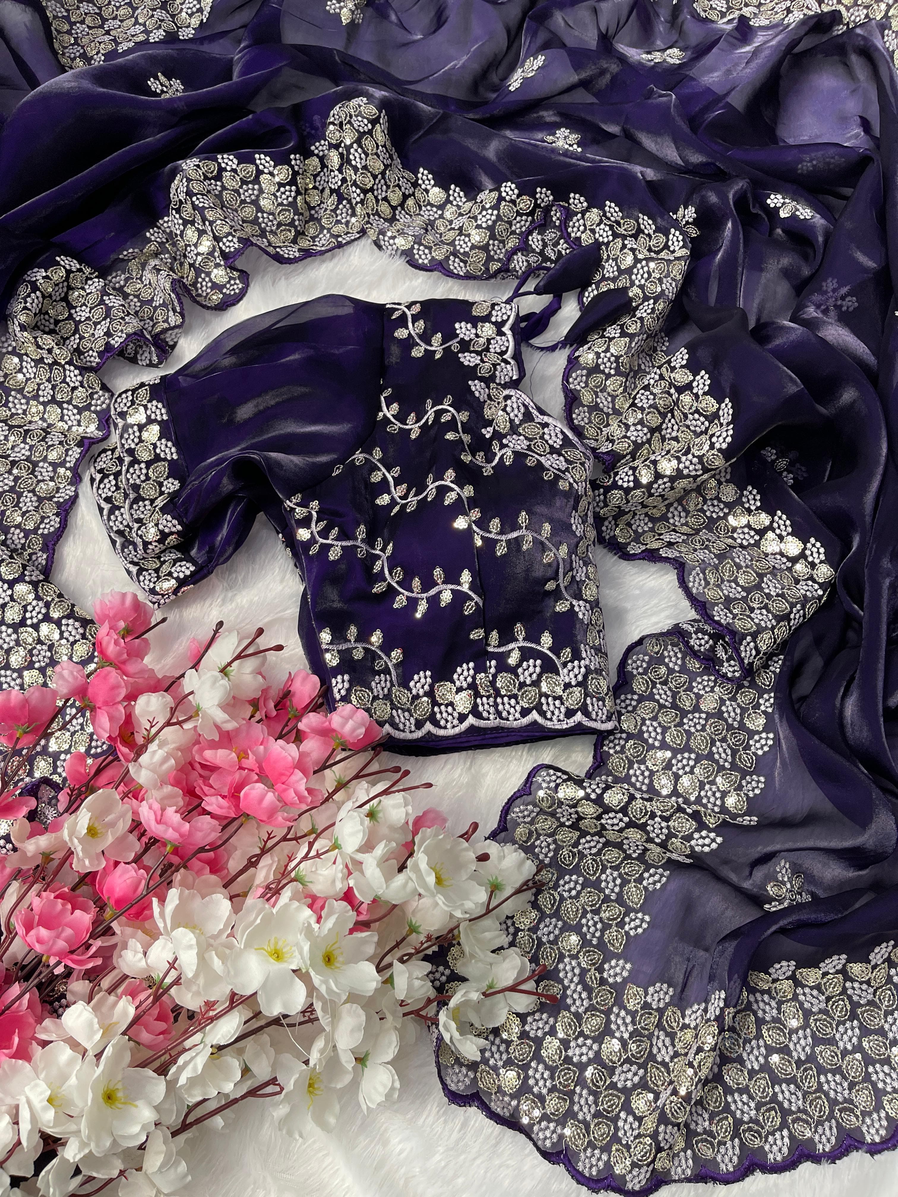Terrific Purple Color Embroidery Sequence Work Saree With Blouse