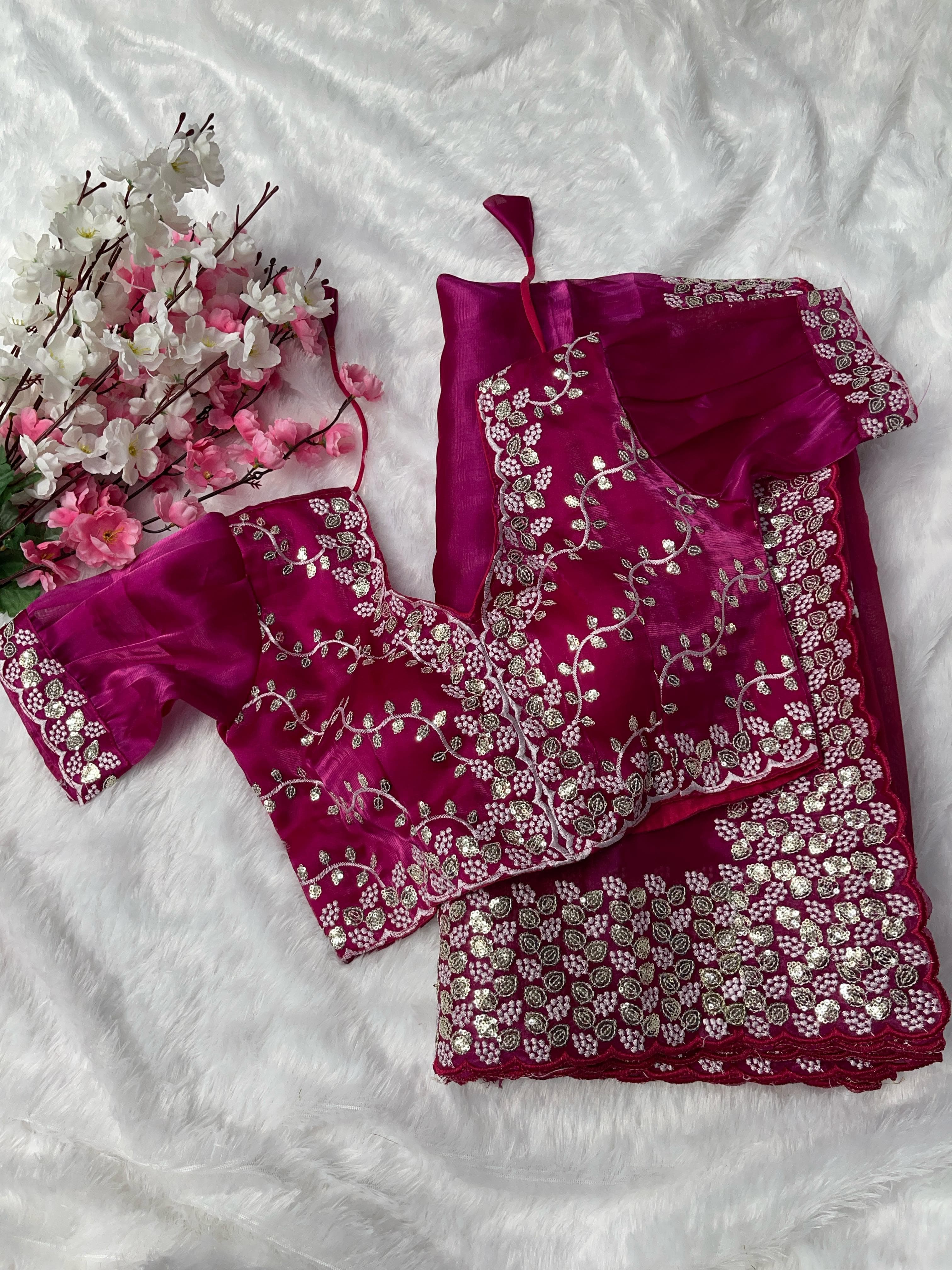Terrific Pink Color Embroidery Sequence Work Saree With Blouse