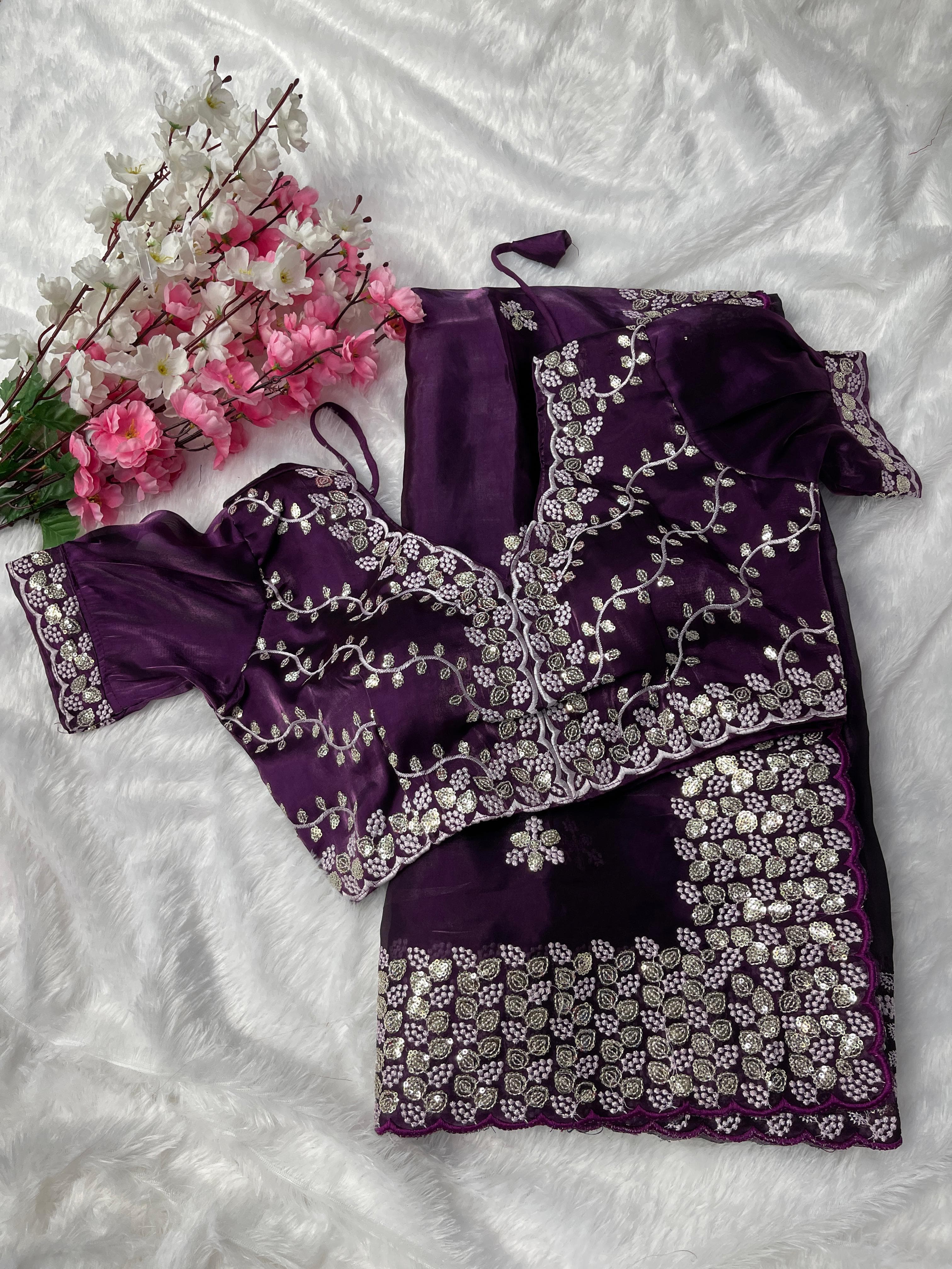 Terrific Wine Color Embroidery Sequence Work Saree With Blouse