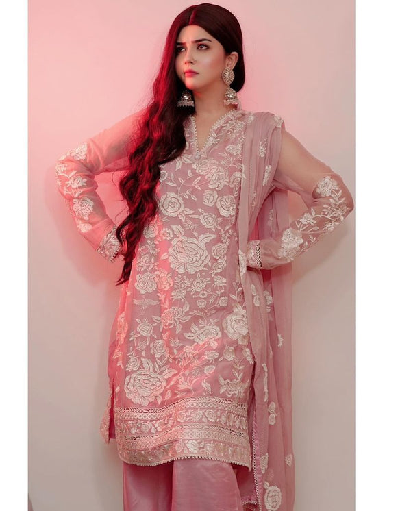 Stylish Peach Color Embroidery Thread Work Palazzo Suit