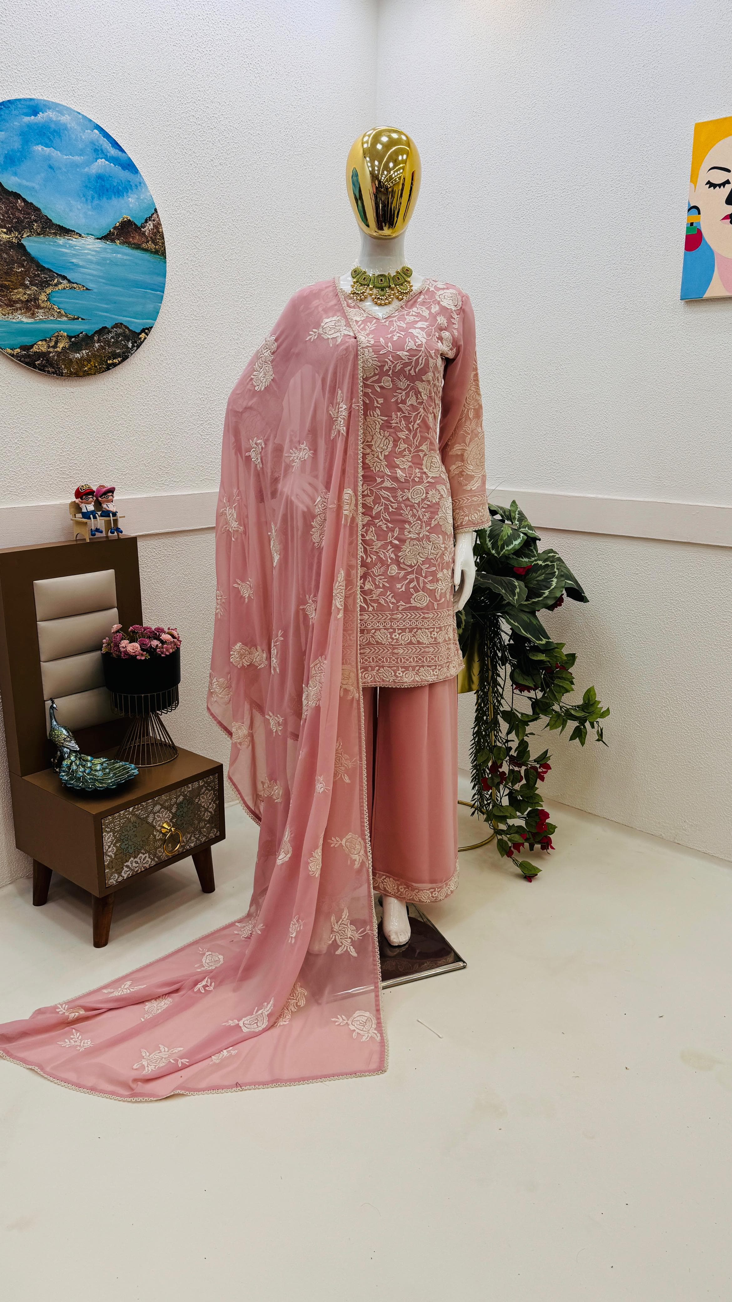 Stylish Peach Color Embroidery Thread Work Palazzo Suit