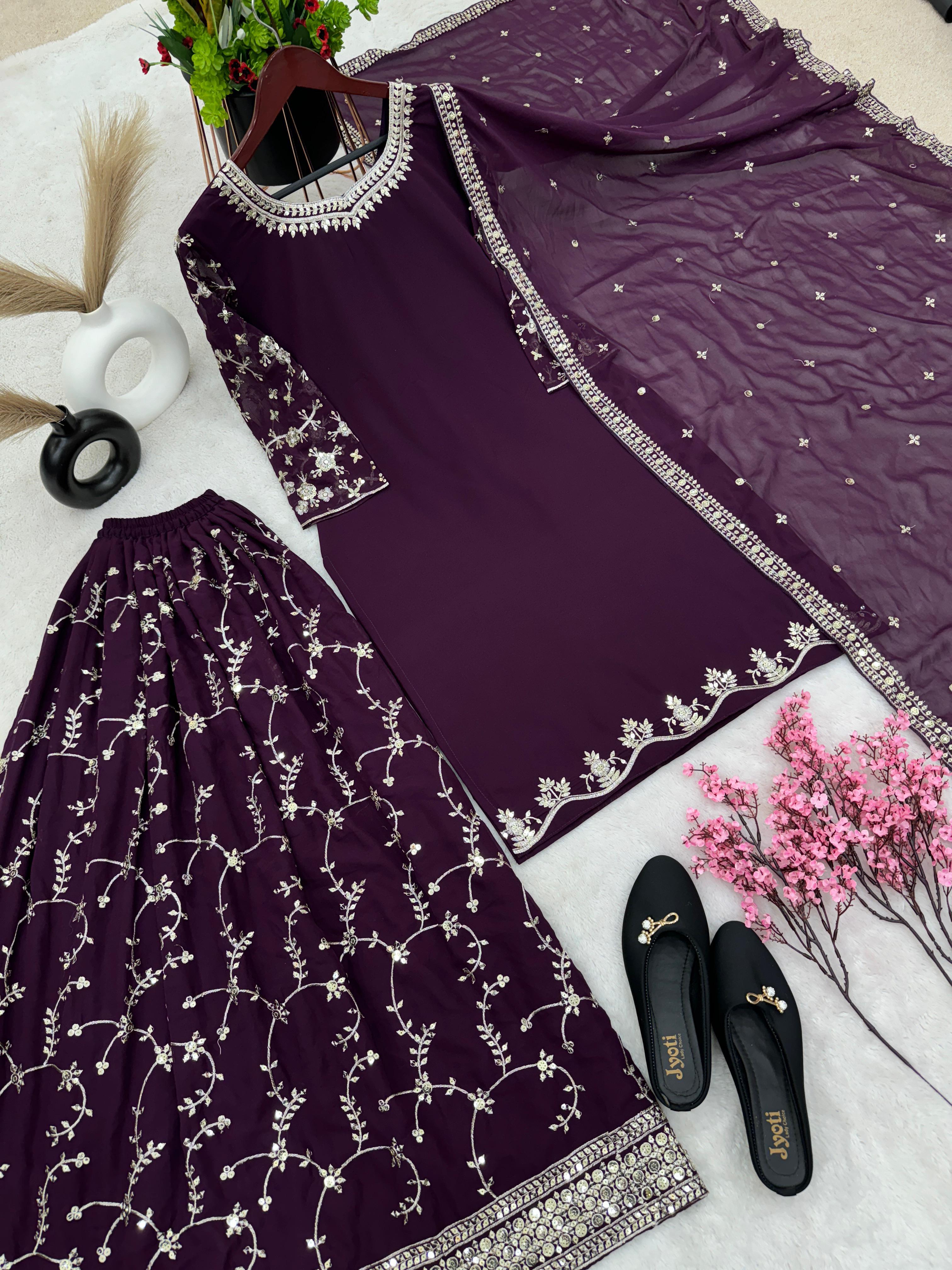 Imposing Embroidery Work Wine Sharara Suit