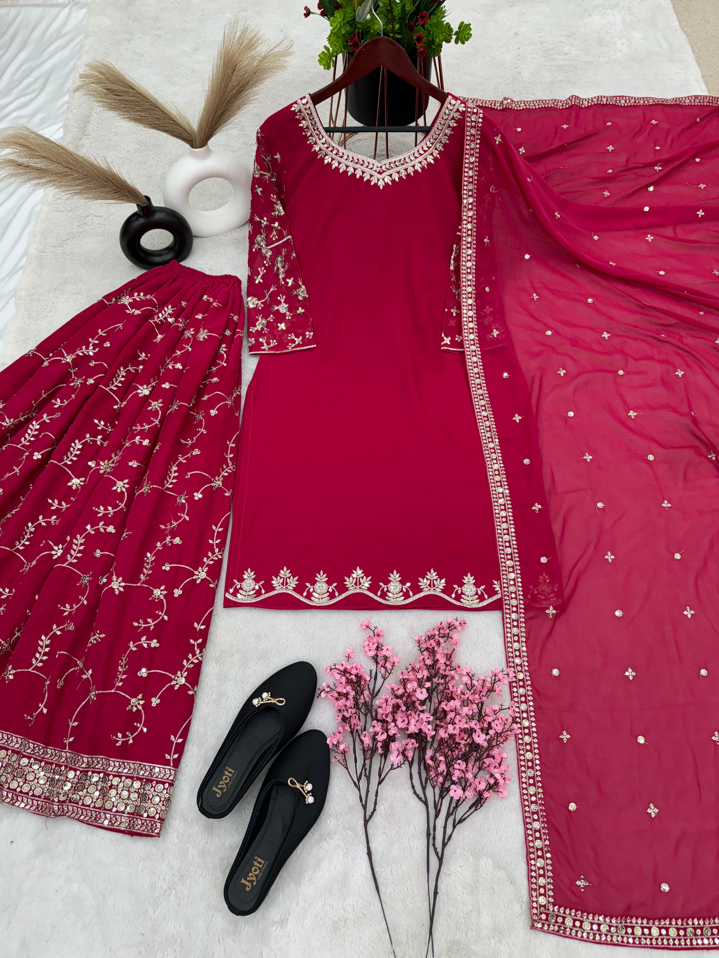 Imposing Embroidery Work Pink Sharara Suit