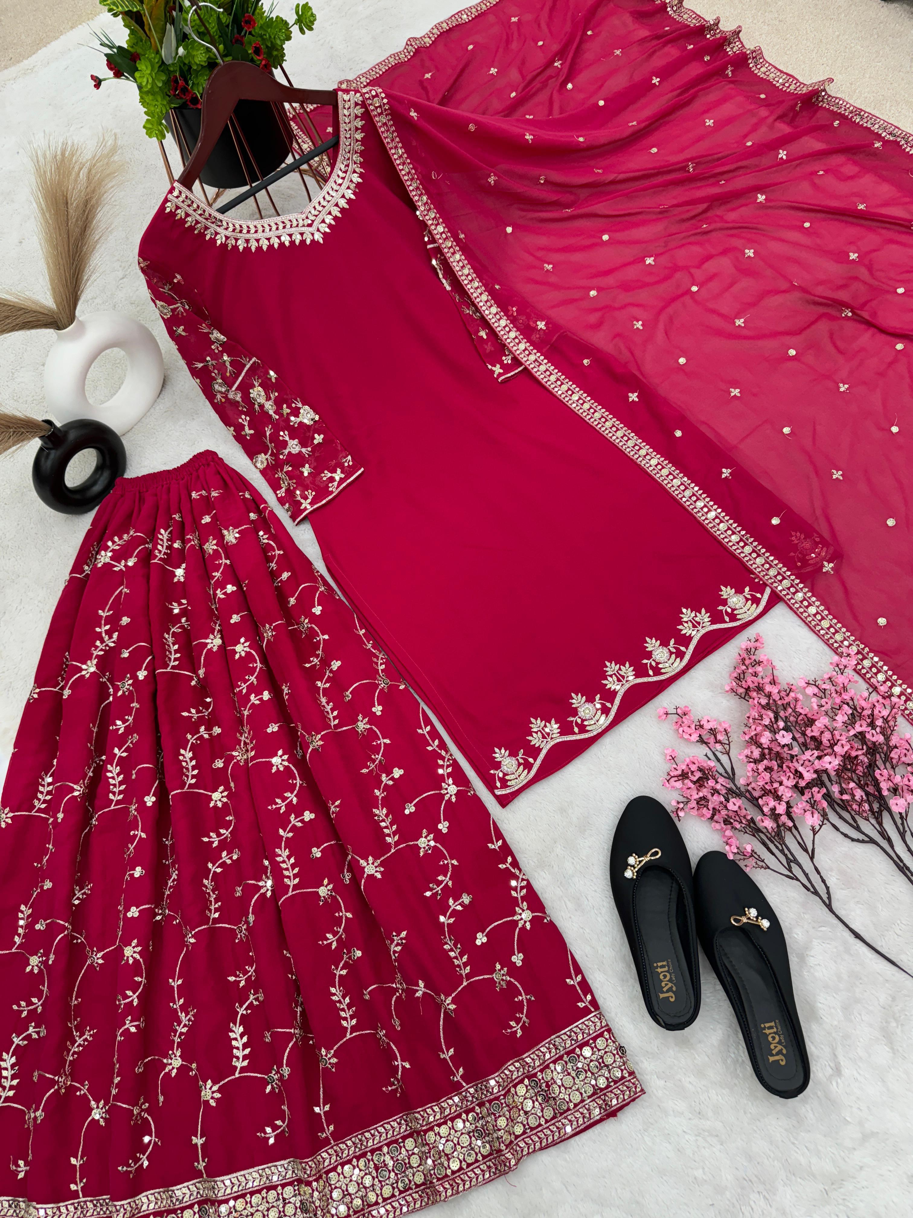 Imposing Embroidery Work Pink Sharara Suit