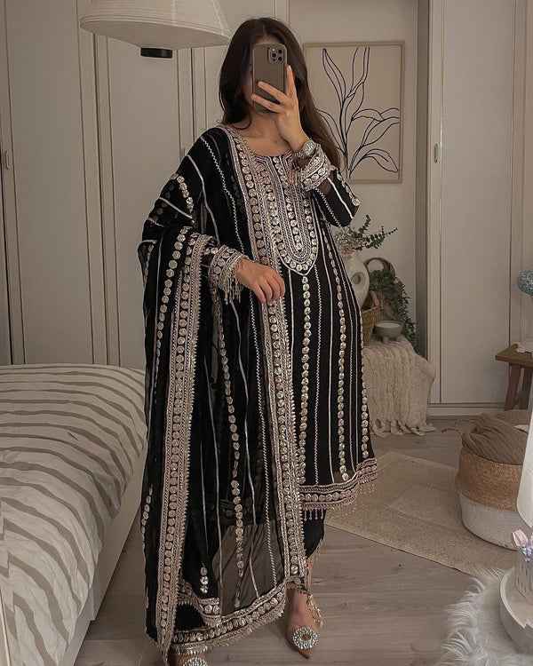 Terrific Black Color Embroidery Foil Work Salwar Suit