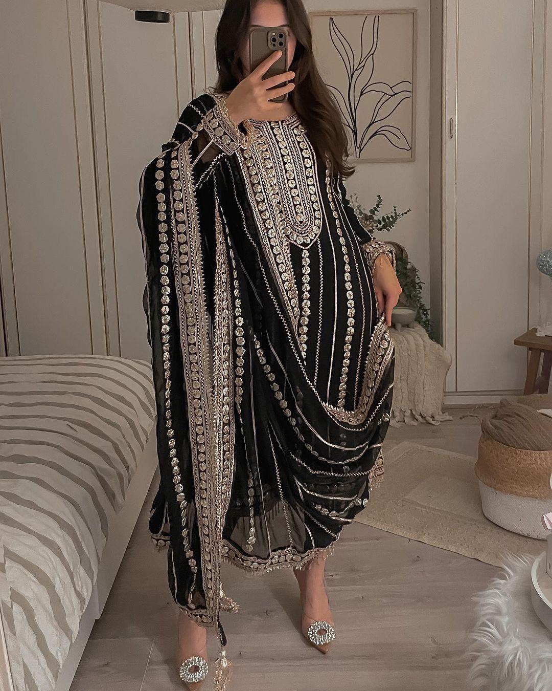 Terrific Black Color Embroidery Foil Work Salwar Suit