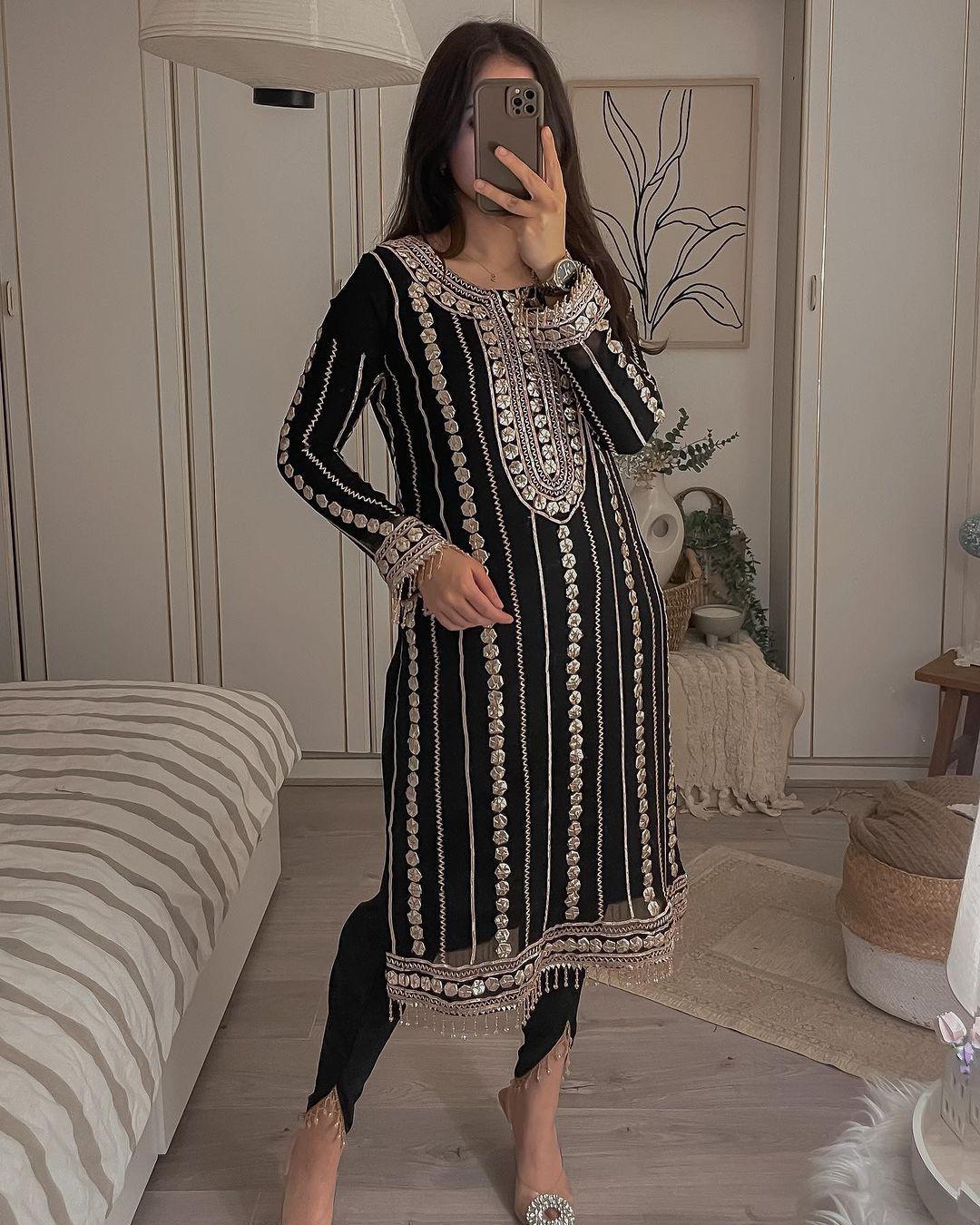 Terrific Black Color Embroidery Foil Work Salwar Suit