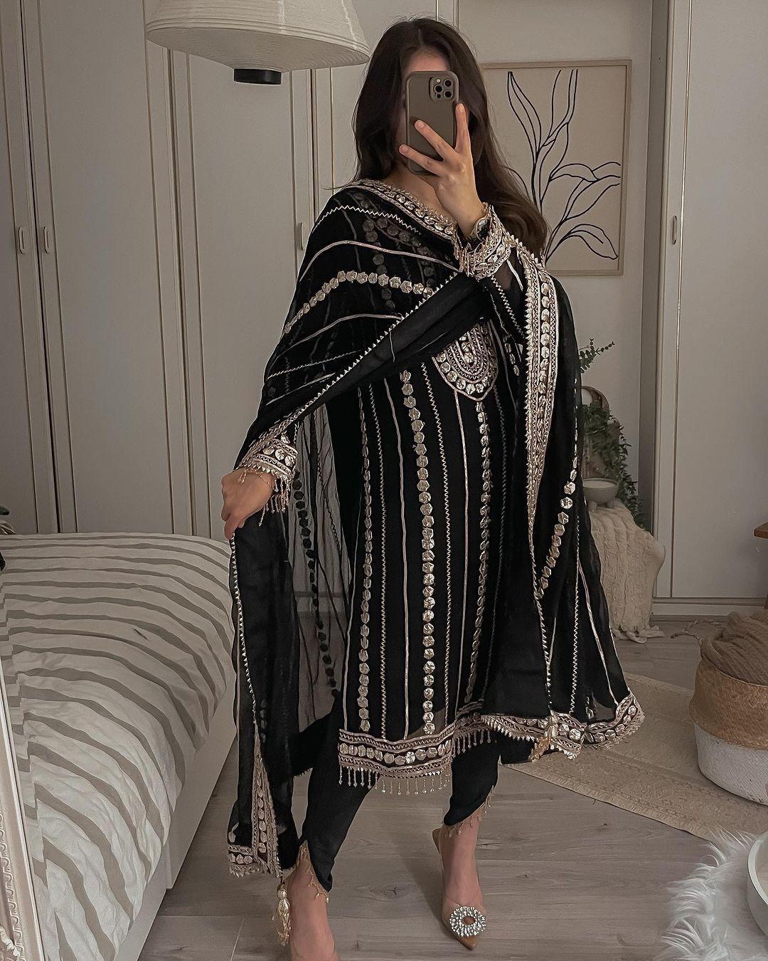 Terrific Black Color Embroidery Foil Work Salwar Suit