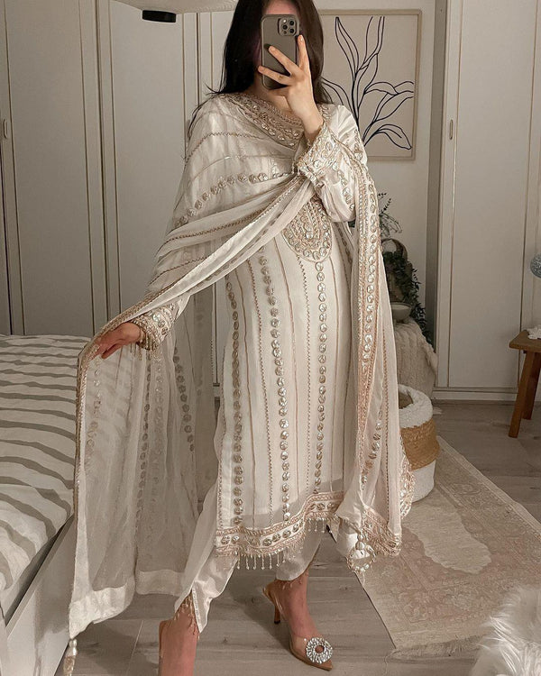 Terrific White Color Embroidery Foil Work Salwar Suit
