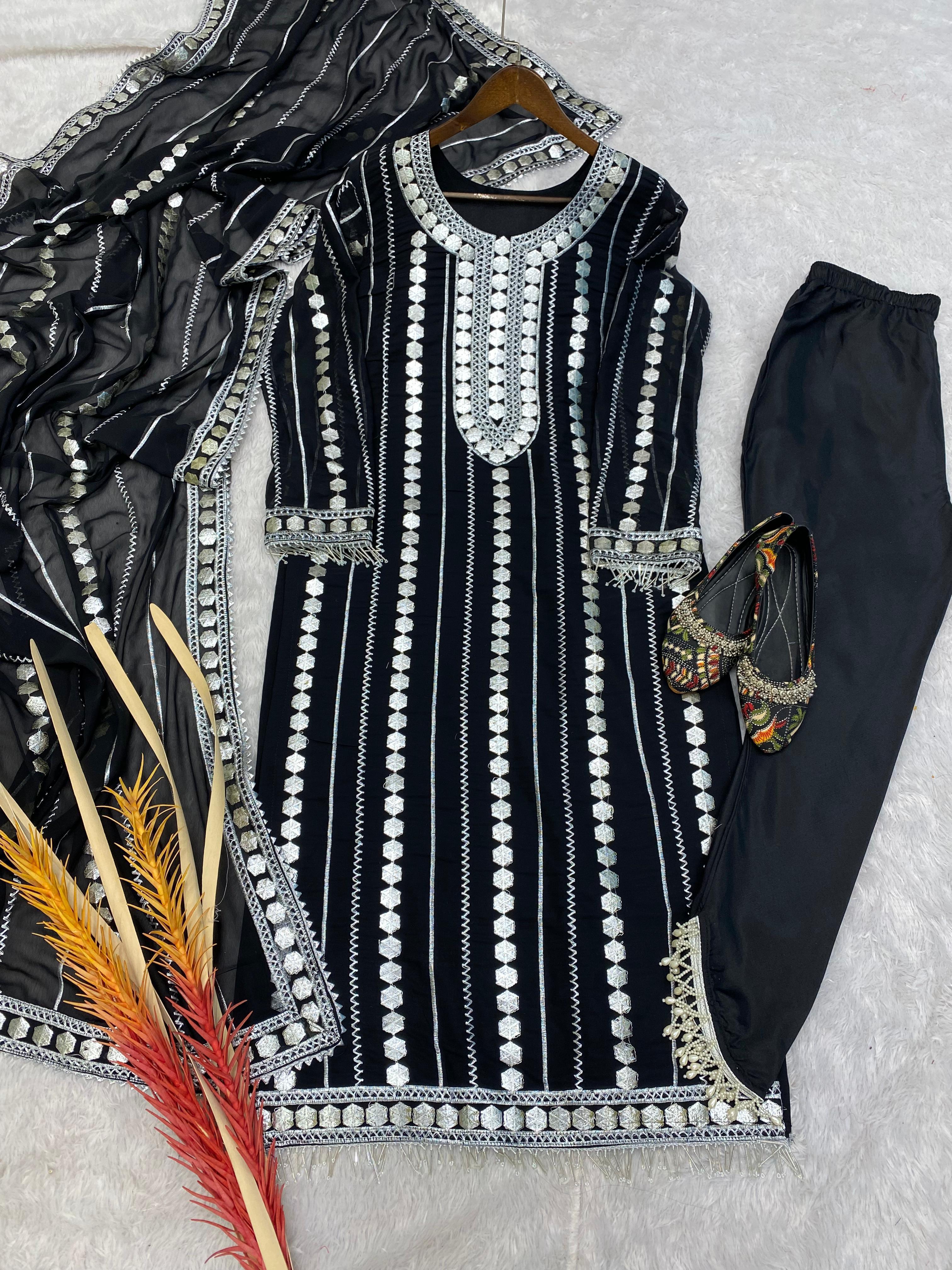 Terrific Black Color Embroidery Foil Work Salwar Suit