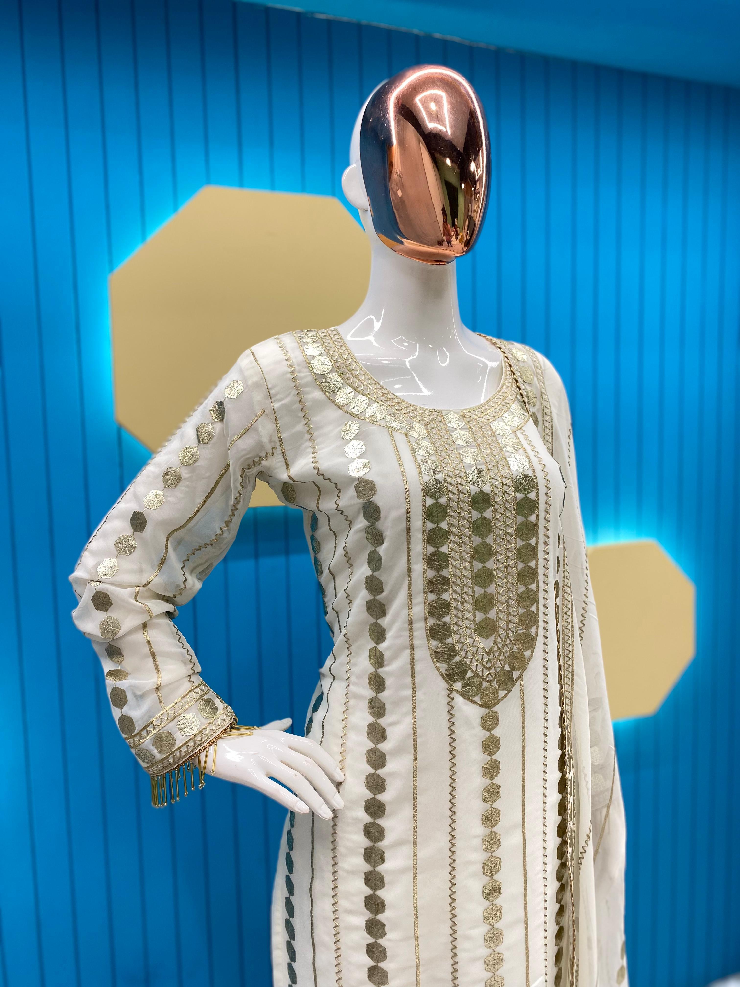Terrific White Color Embroidery Foil Work Salwar Suit