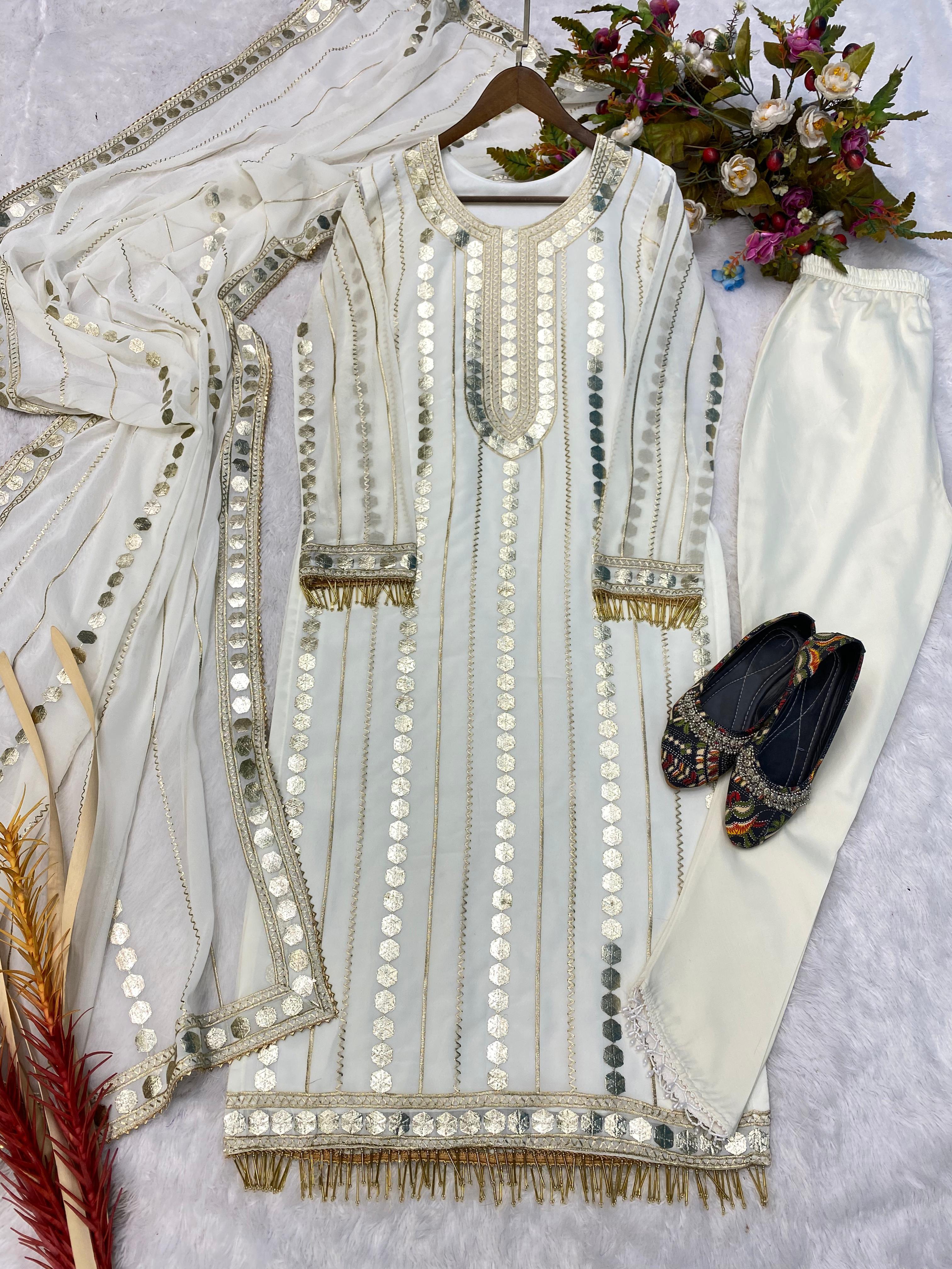 Terrific White Color Embroidery Foil Work Salwar Suit