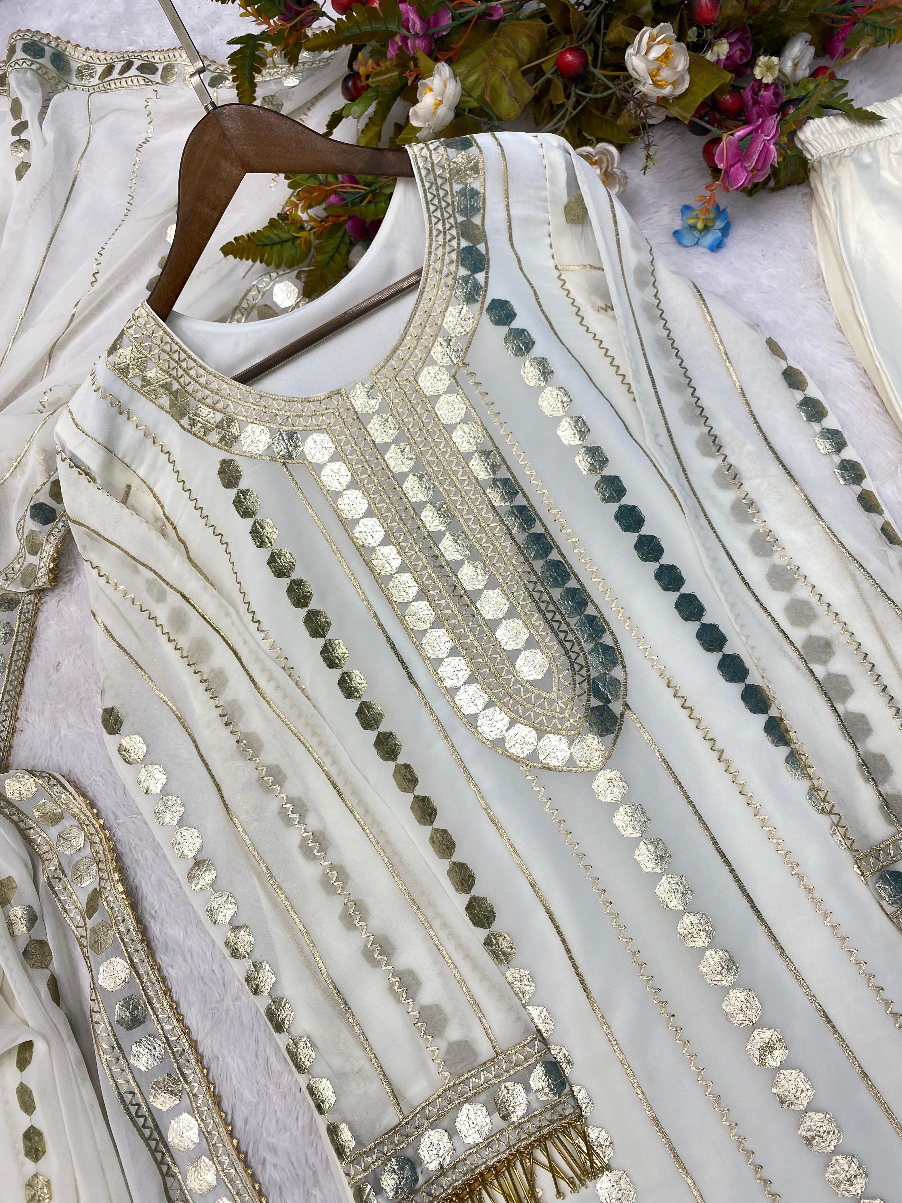 Terrific White Color Embroidery Foil Work Salwar Suit