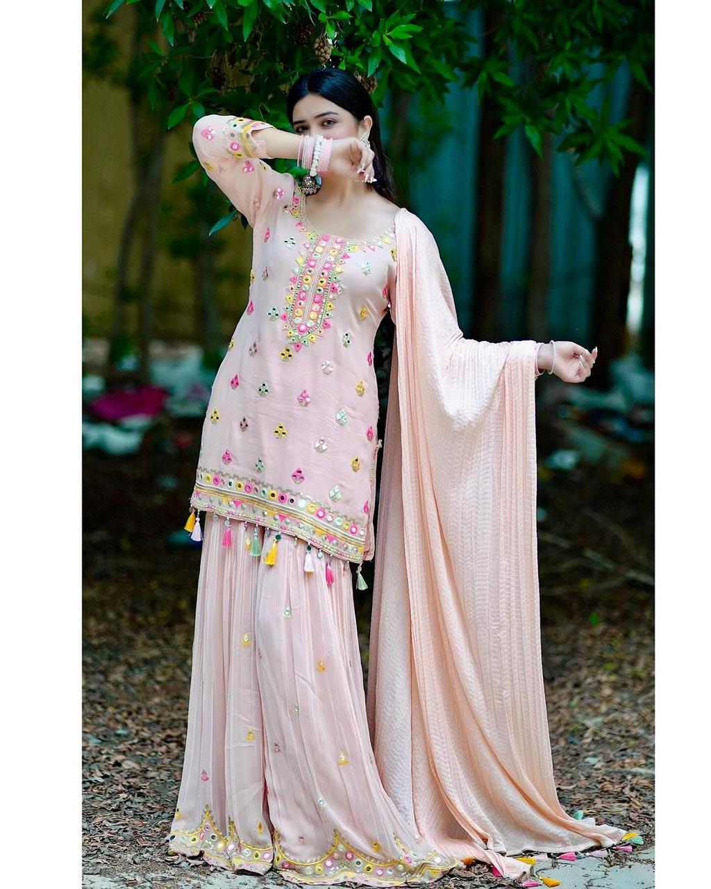 Multi Embroidery Sequence Work Peach Color Sharara Suit