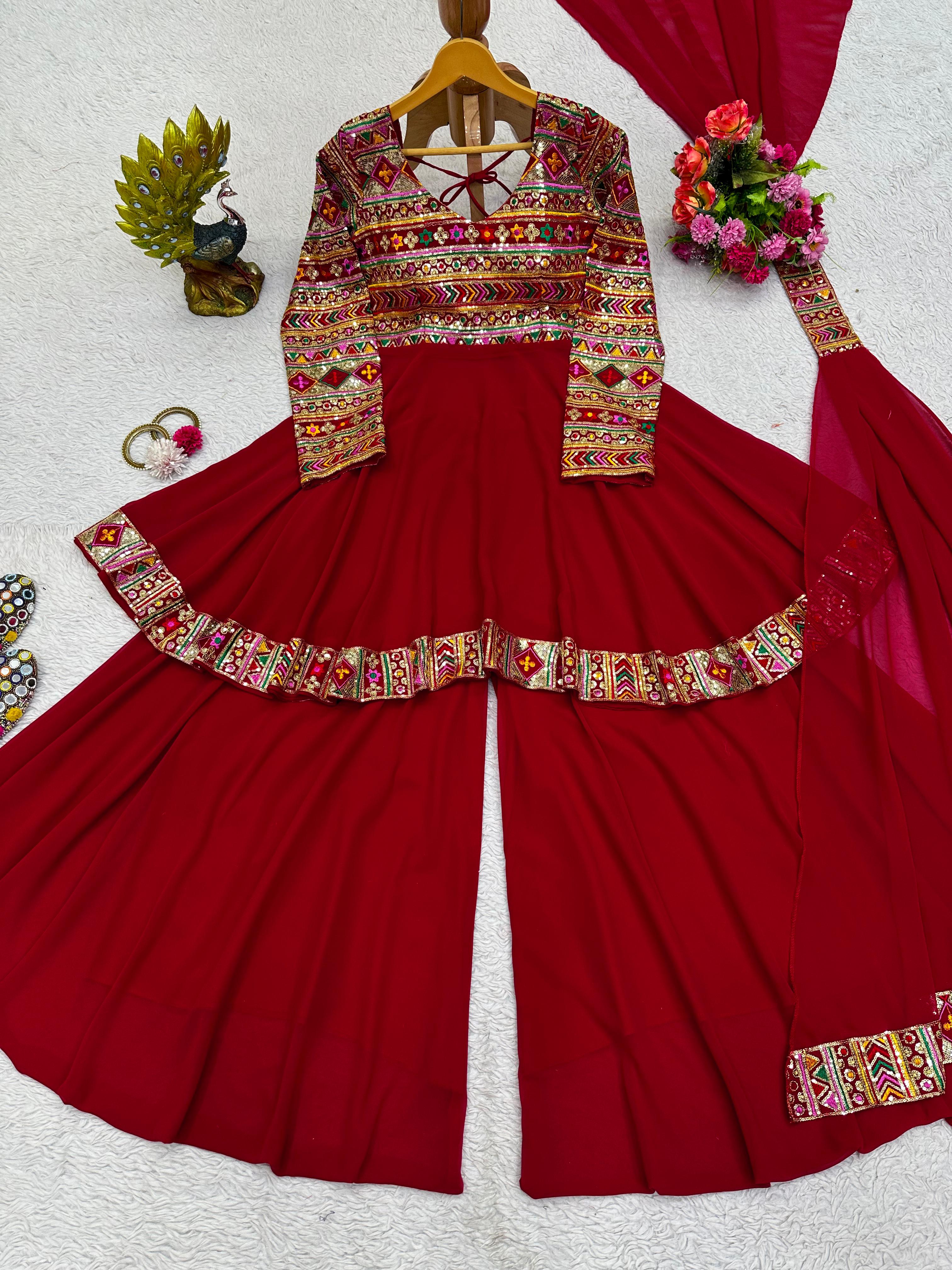 Amazing Red Color Thread Sequence Work Sharara Suit