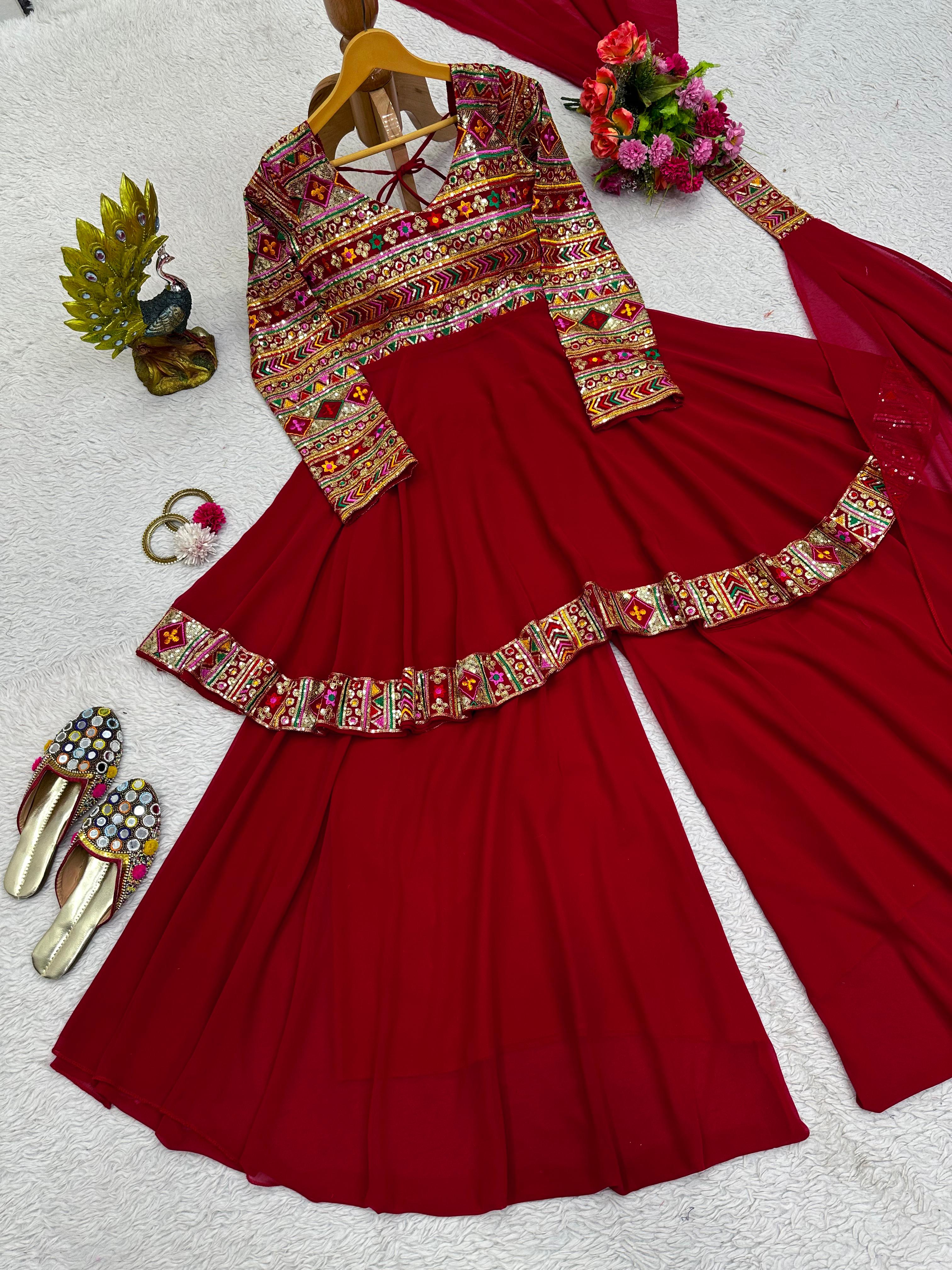 Amazing Red Color Thread Sequence Work Sharara Suit