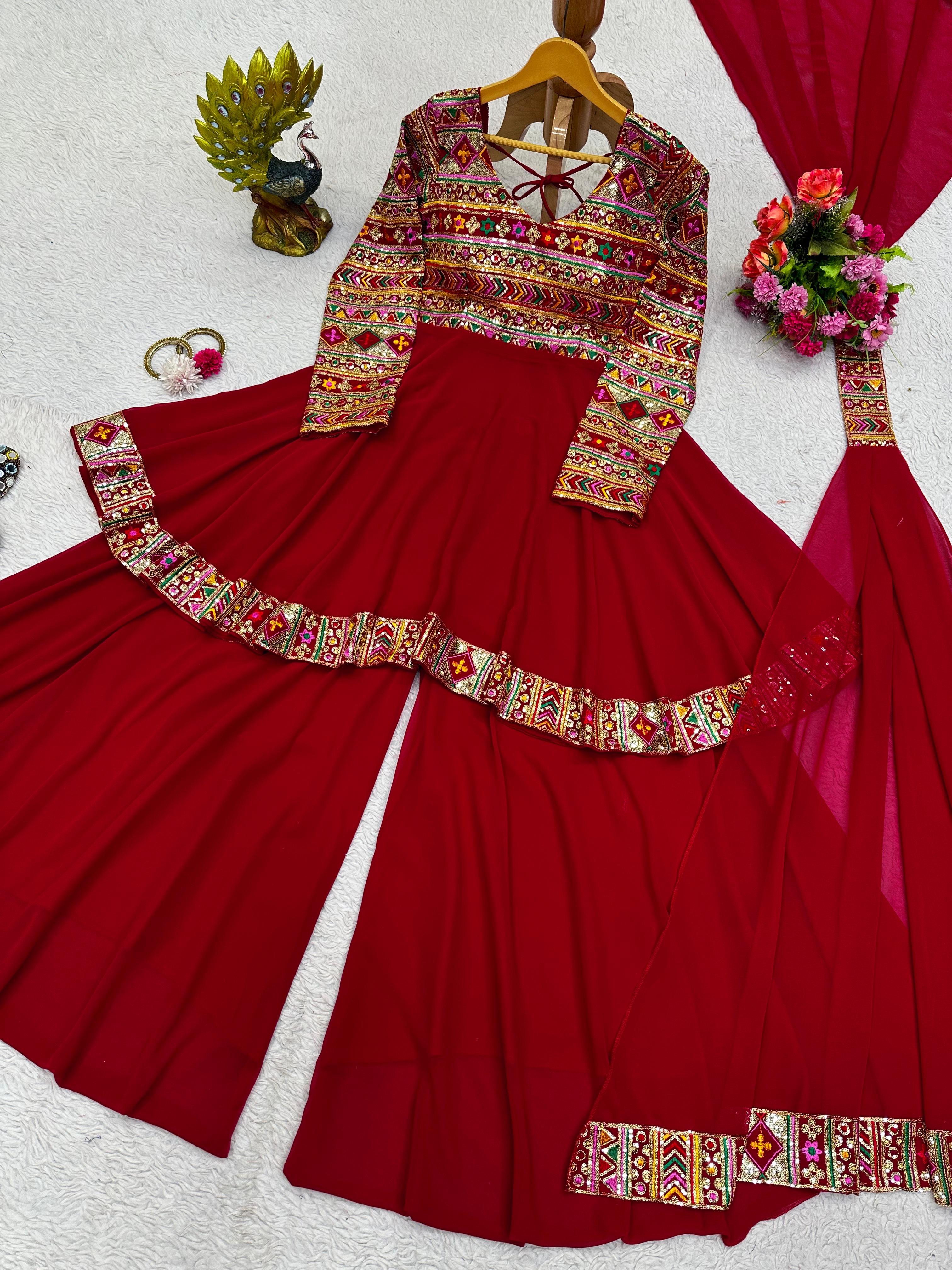 Amazing Red Color Thread Sequence Work Sharara Suit