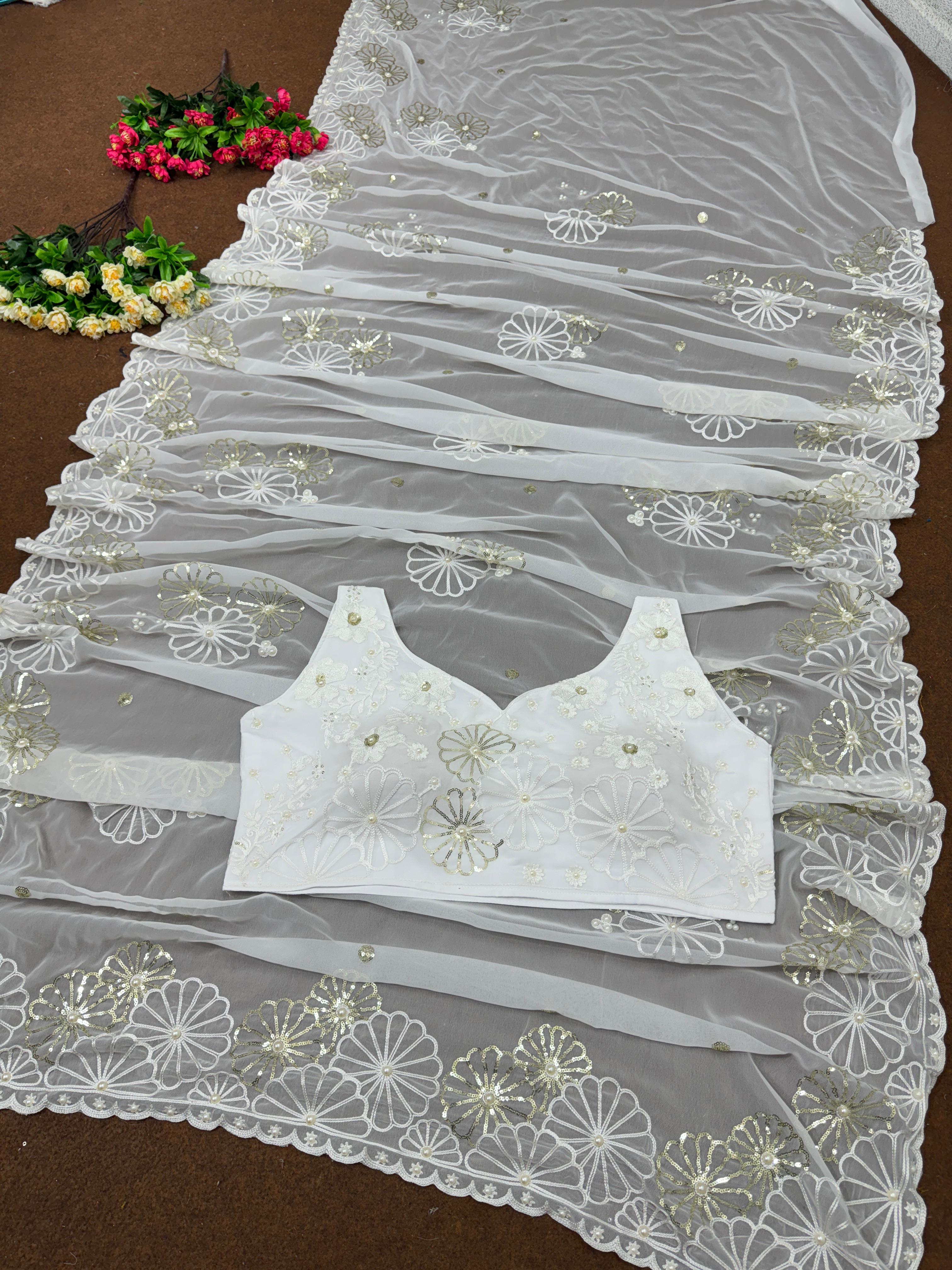 Sara Ali Khan Wear White Color Peral Work Saree