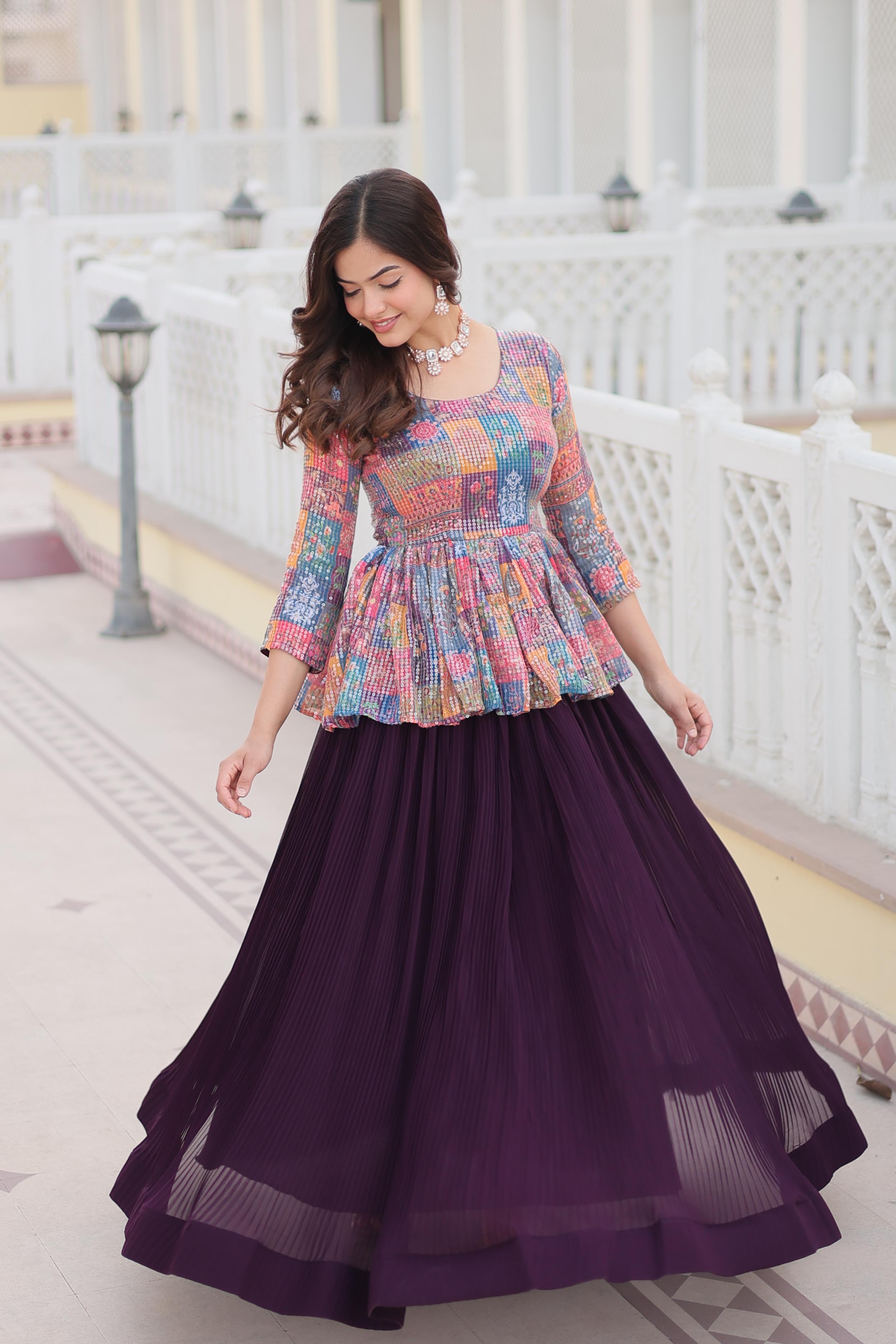Beautiful Crushed Wine Lehenga With Multi Color Top