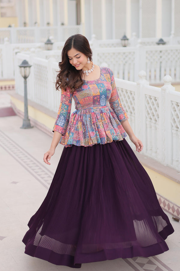 Beautiful Crushed Wine Lehenga With Multi Color Top