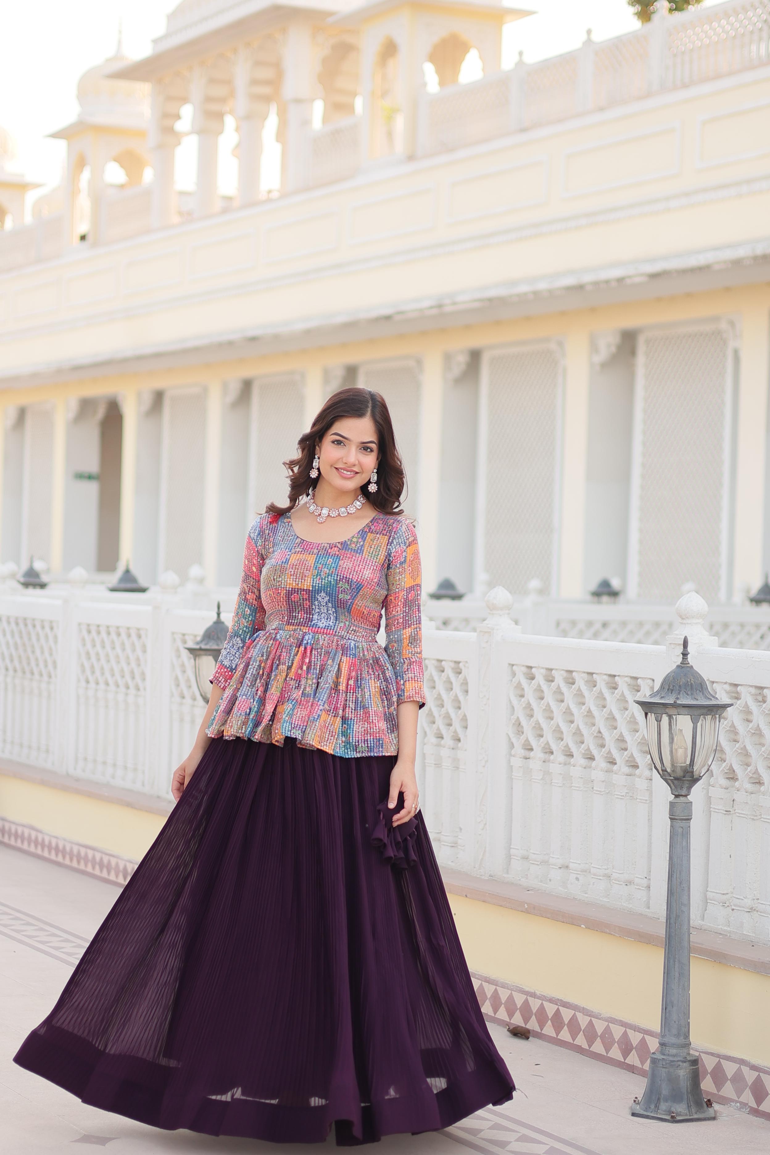 Beautiful Crushed Wine Lehenga With Multi Color Top