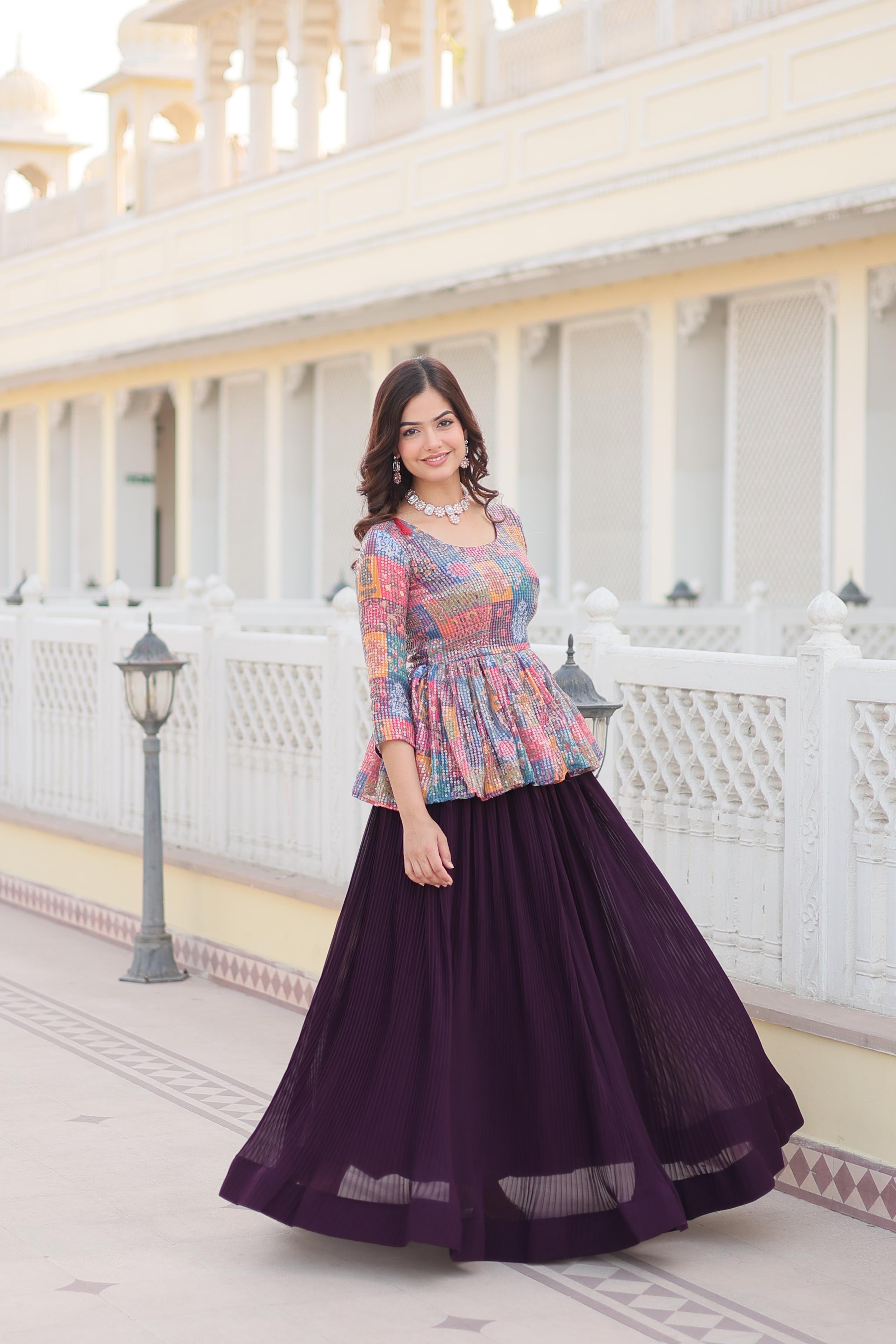 Beautiful Crushed Wine Lehenga With Multi Color Top