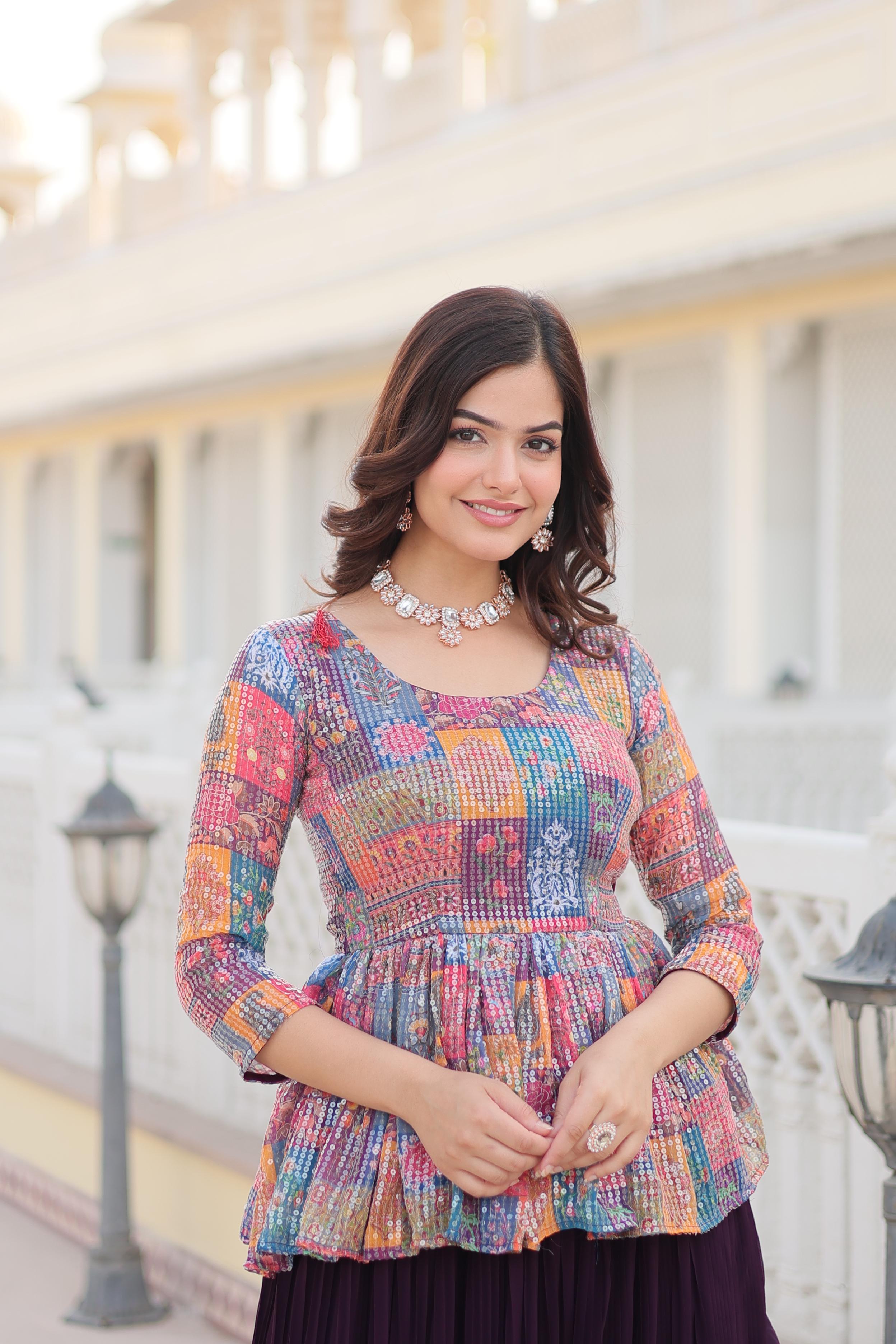 Beautiful Crushed Wine Lehenga With Multi Color Top