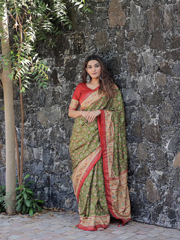 Mehndi Color Wedding Celebrations Wear Patola Saree