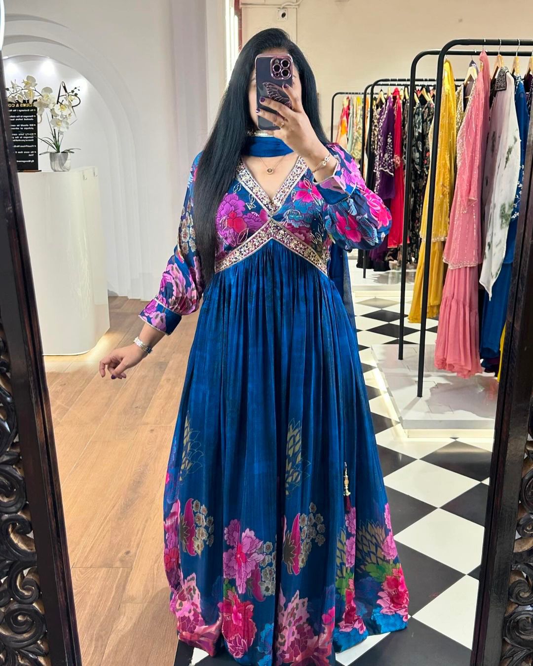 Attractive Thread Sequence Work Printed Blue Gown