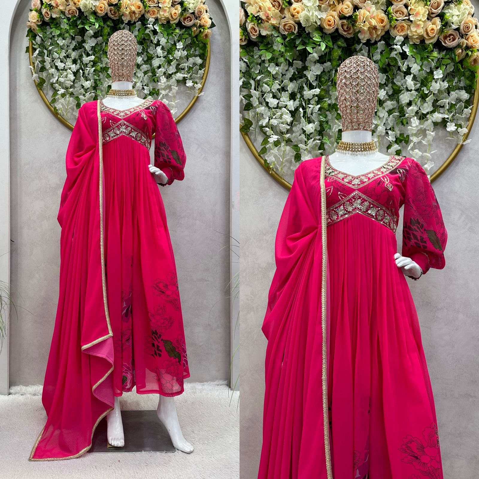 Attractive Thread Sequence Work Printed Pink Gown