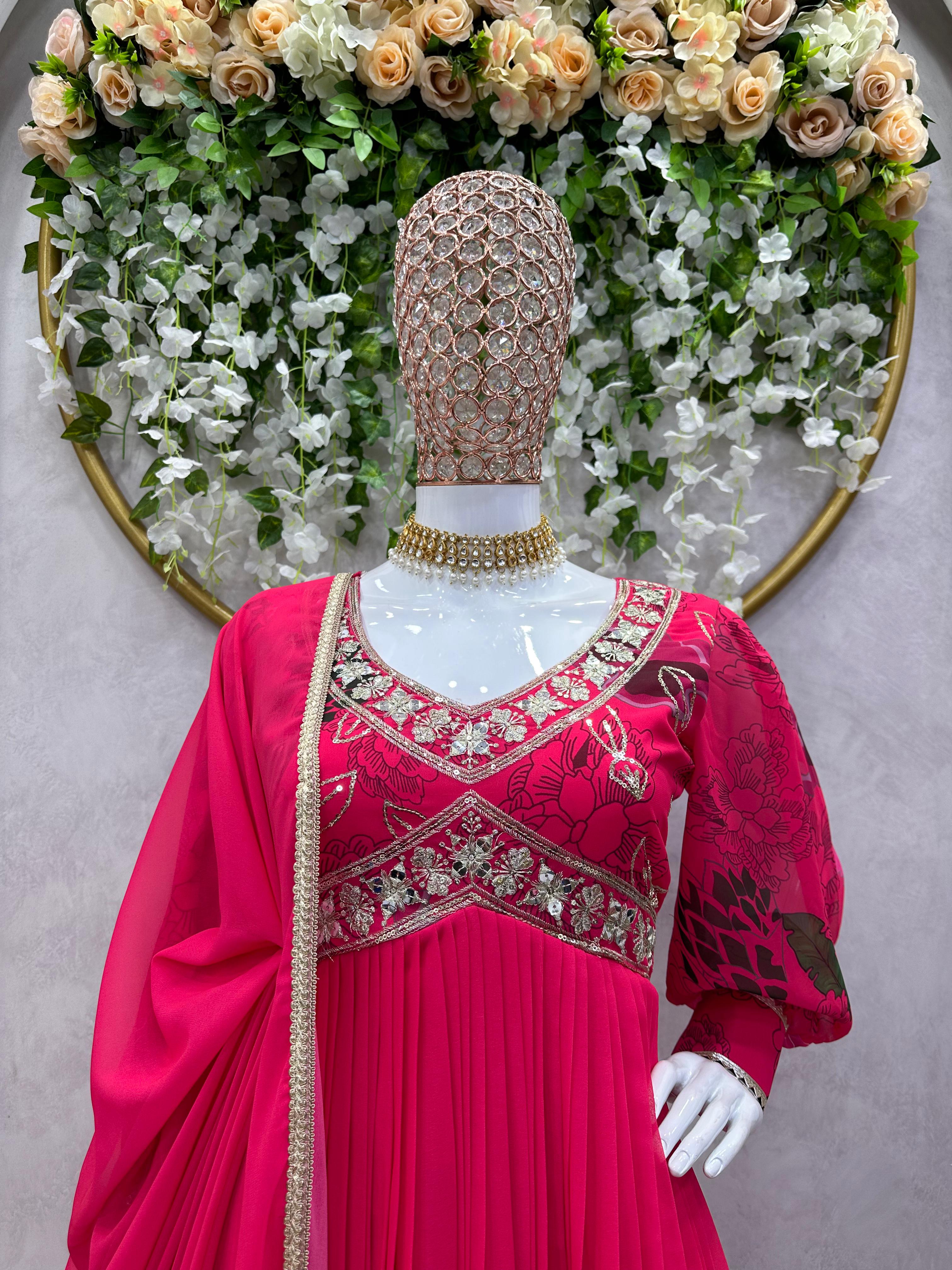 Attractive Thread Sequence Work Printed Pink Gown