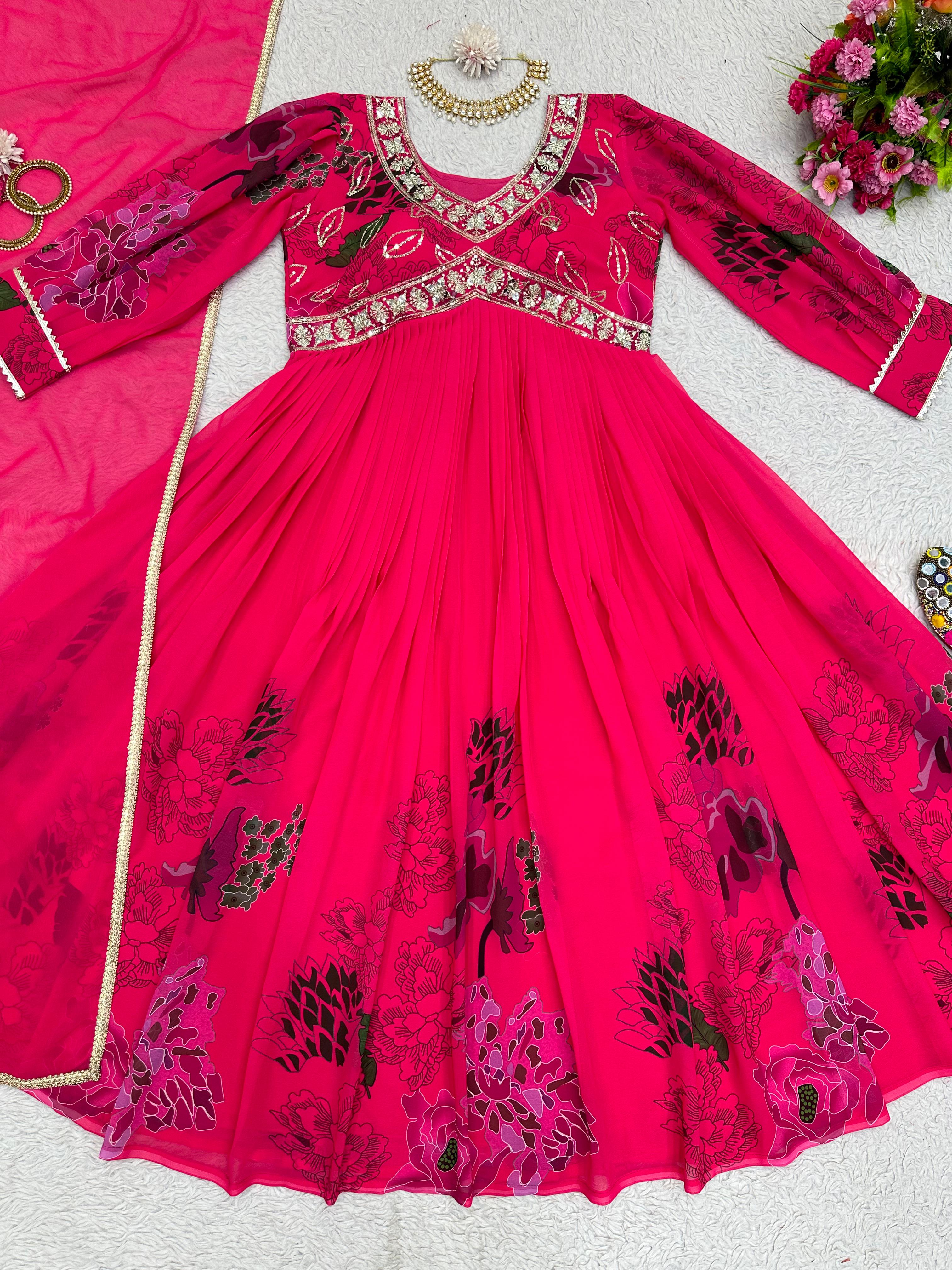 Attractive Thread Sequence Work Printed Pink Gown