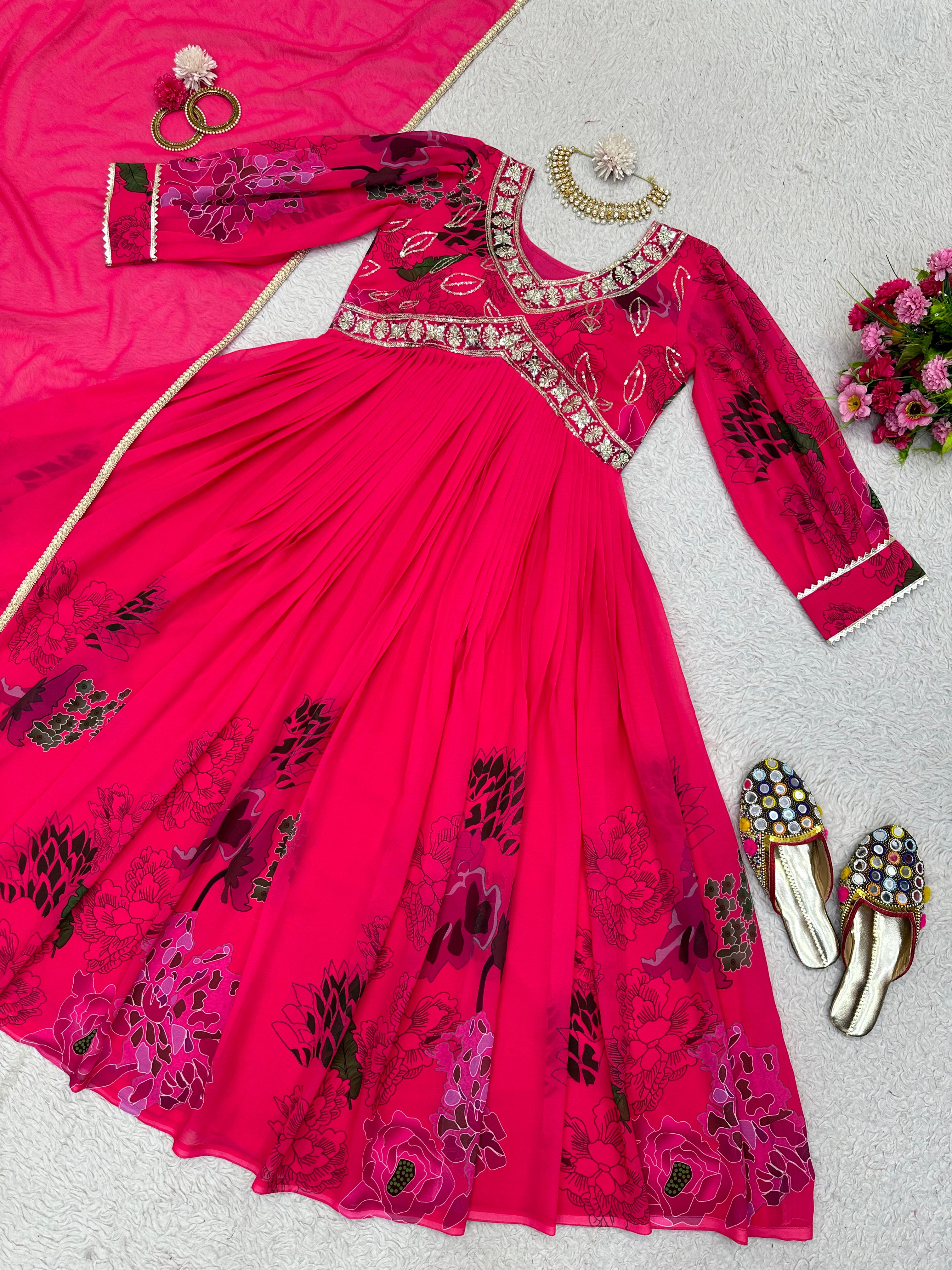 Attractive Thread Sequence Work Printed Pink Gown