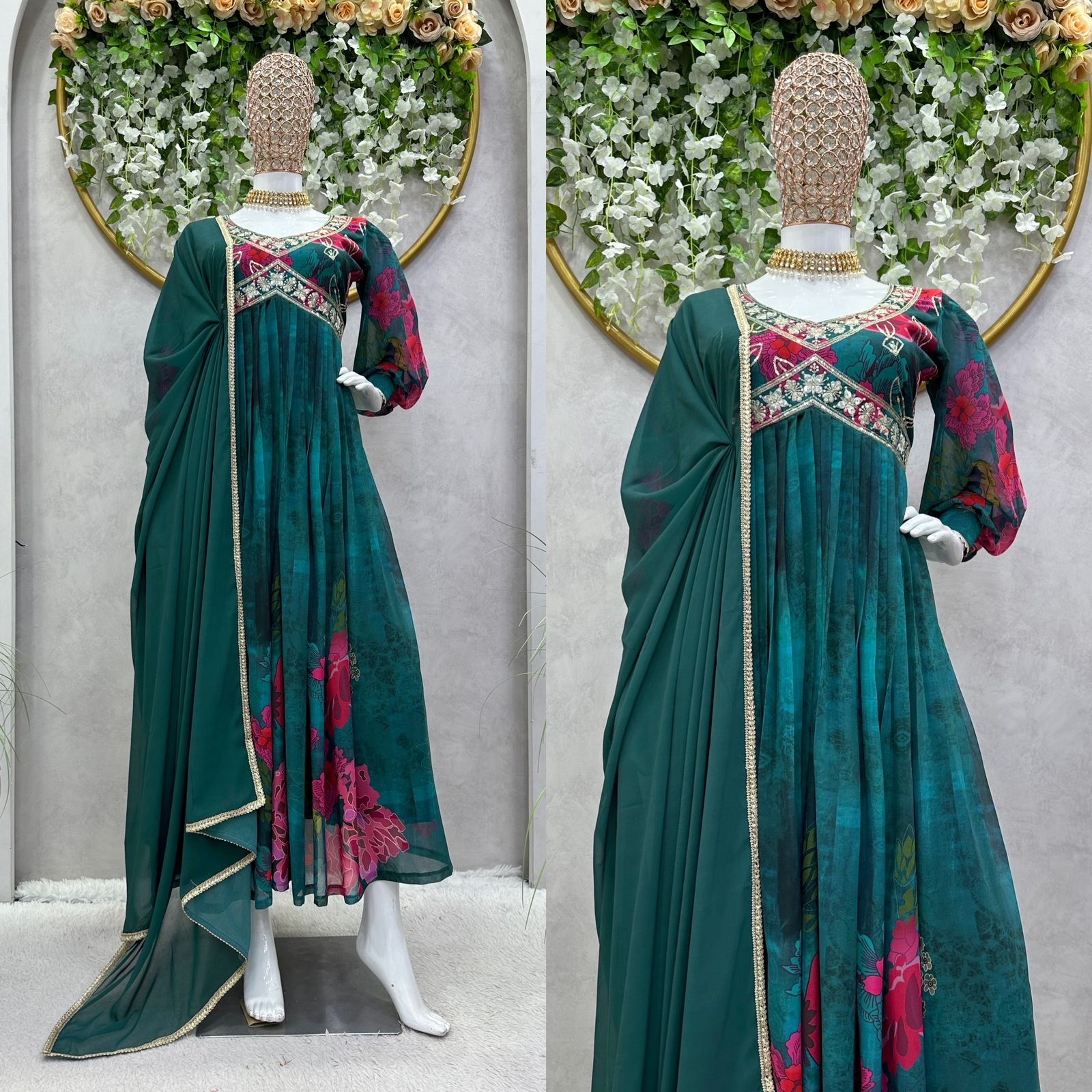 Attractive Thread Sequence Work Printed Green Gown