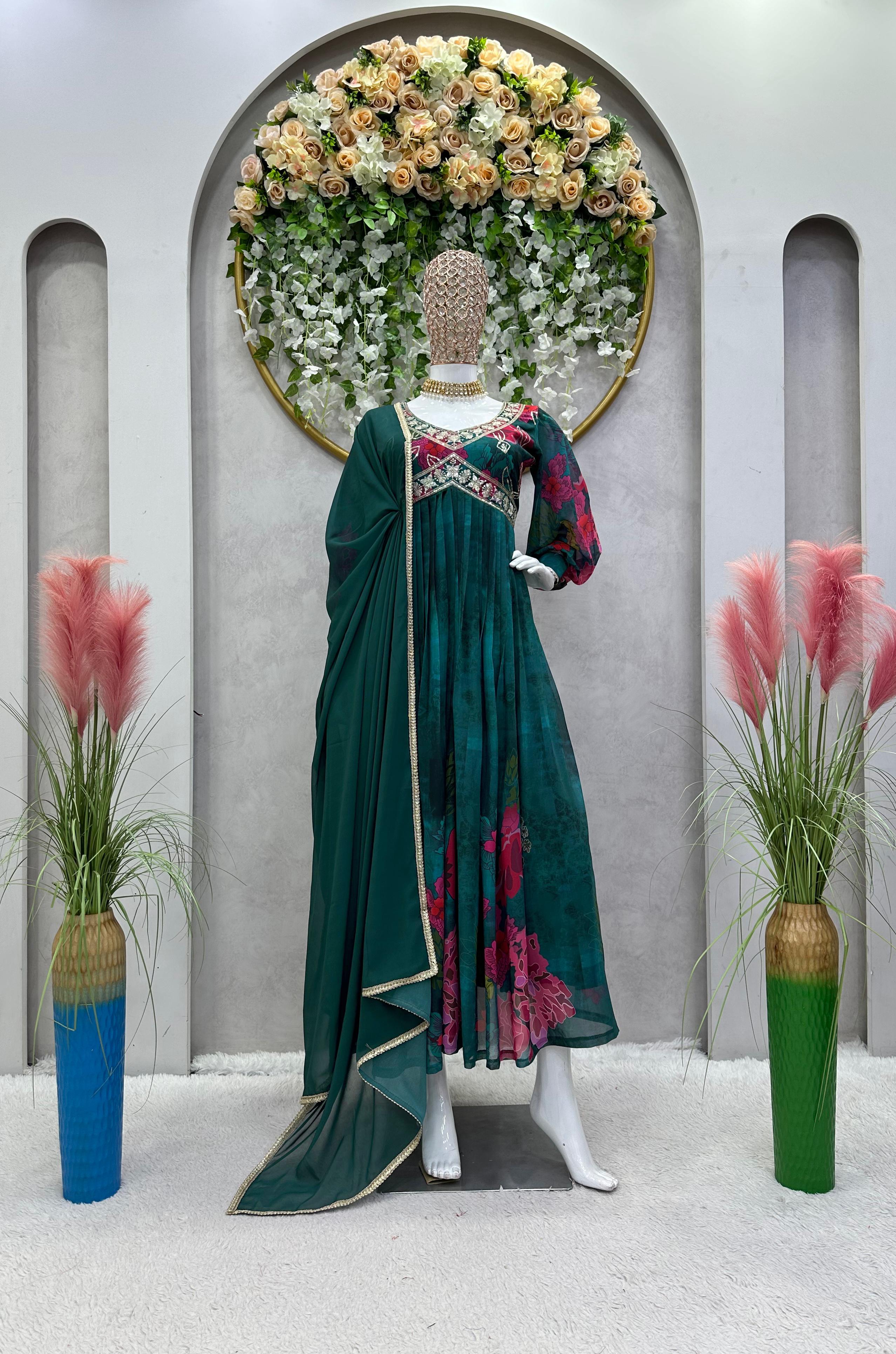 Attractive Thread Sequence Work Printed Green Gown