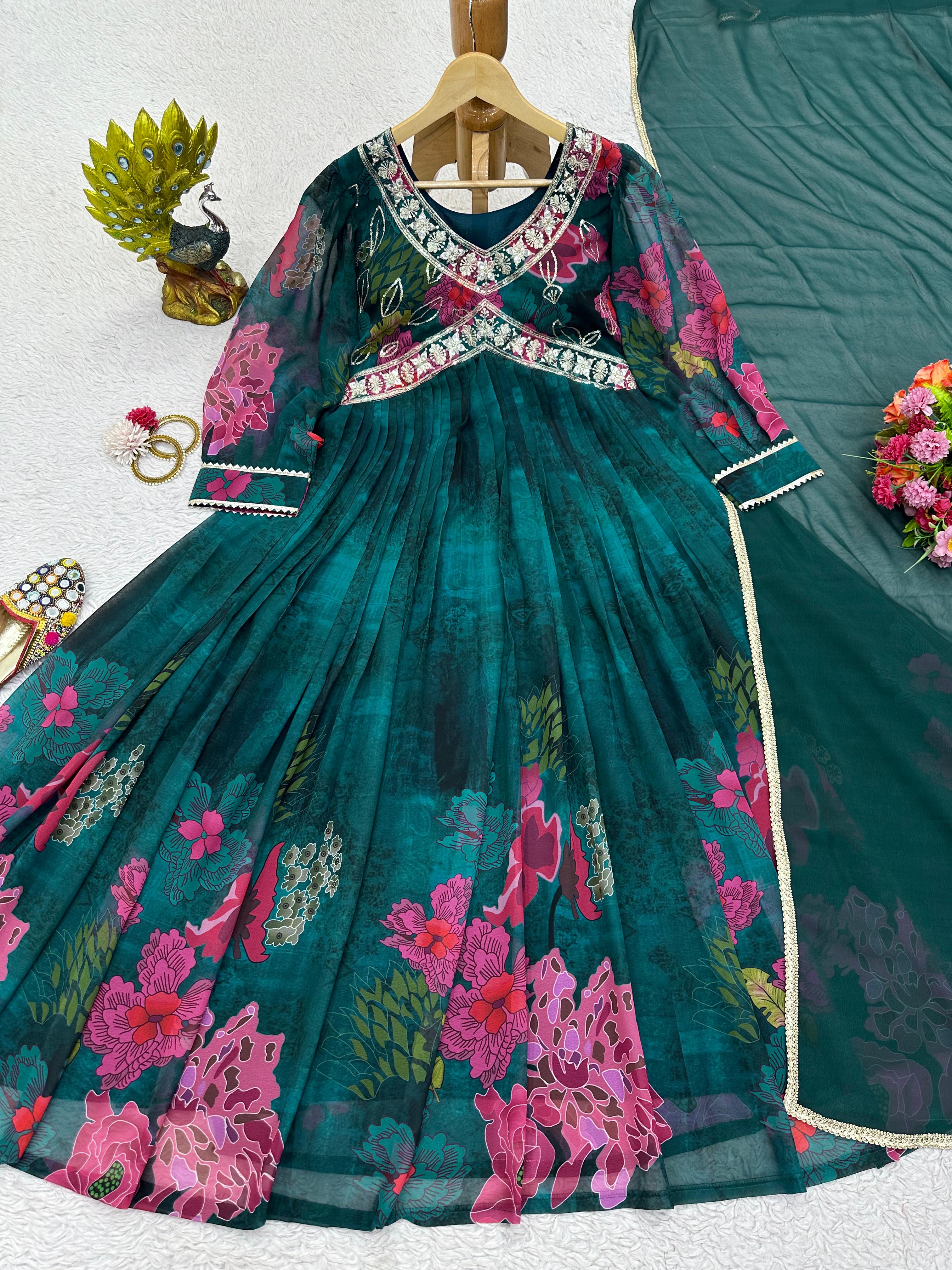 Attractive Thread Sequence Work Printed Green Gown