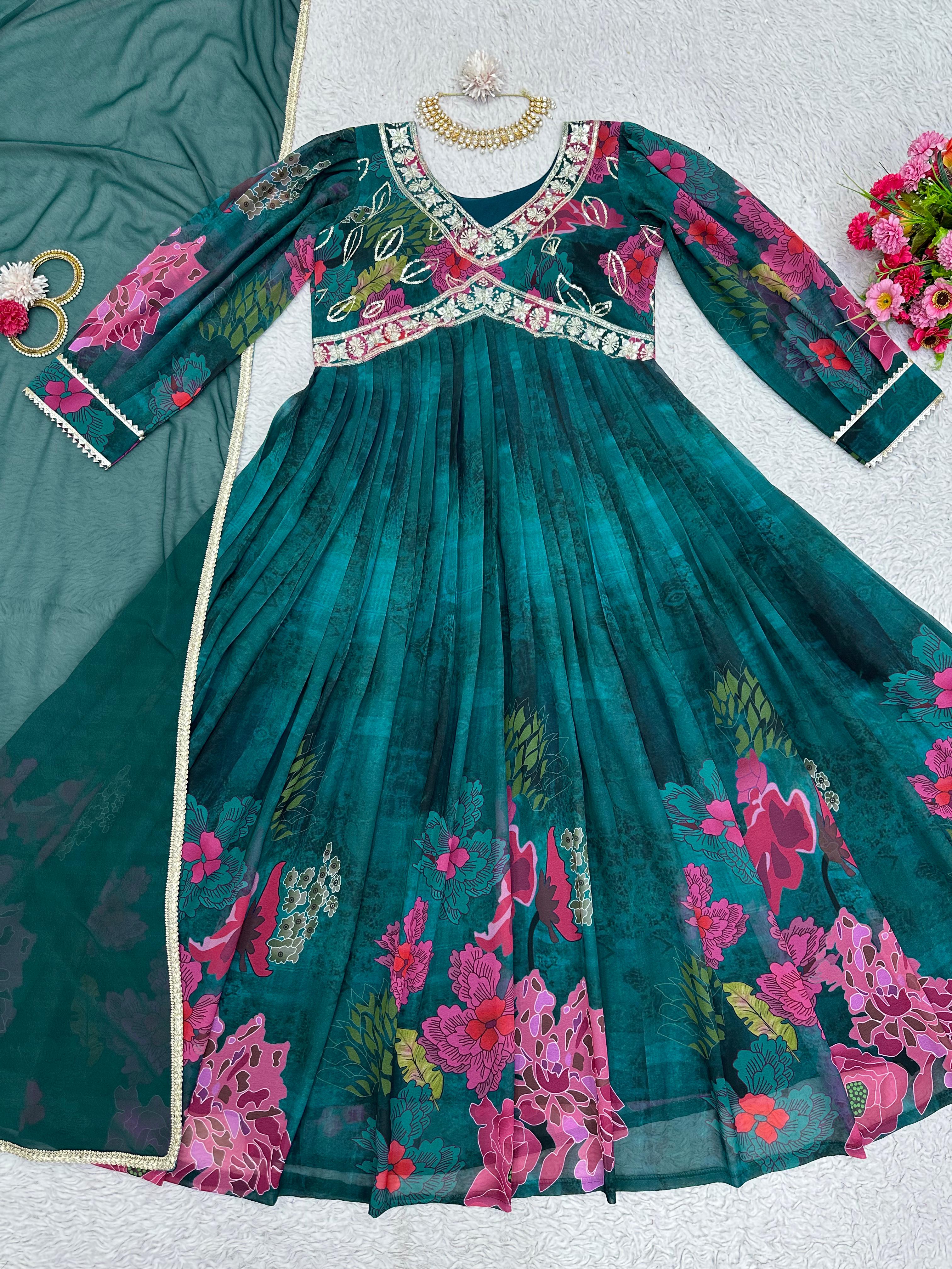 Attractive Thread Sequence Work Printed Green Gown